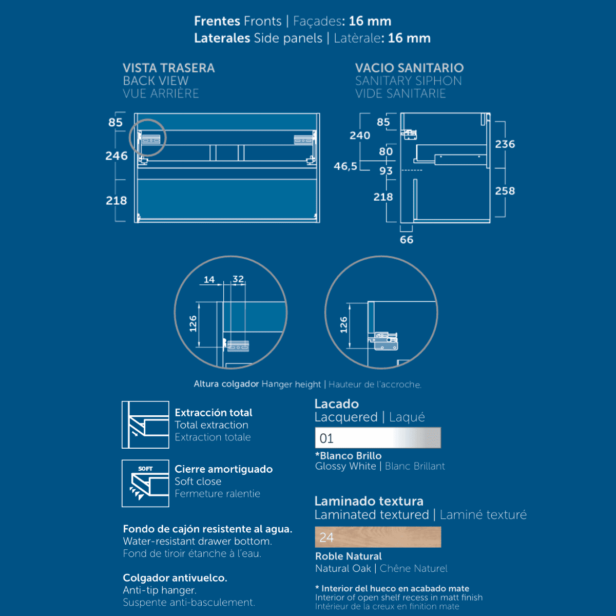 Móveis de casa de banho suspensos com lavatório de cerâmica | 1 Gaveta & 1 Slot | 60 cm Branco brilhante - 7