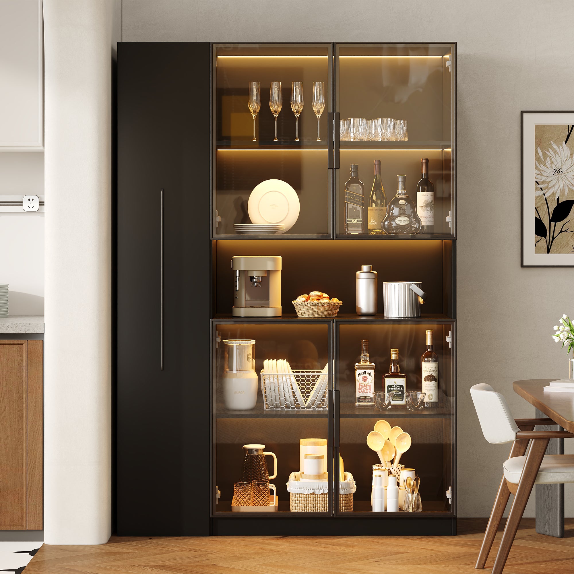 Witryna z 4 drzwiami szklanymi i 1 wysuwaną szufladą - 110 x 30 x 160 cm - MDF - diody LED - czarna - 3