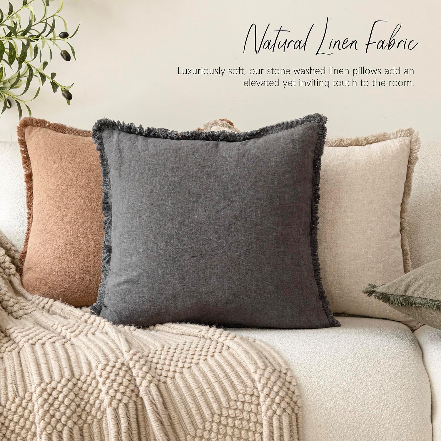 Lot de 2 Housses de Coussin décoratives à Franges en Lin de Style Rustique et Confortable avec Pampilles de Style bohème et Doux pour canapé,45x45cm - 4