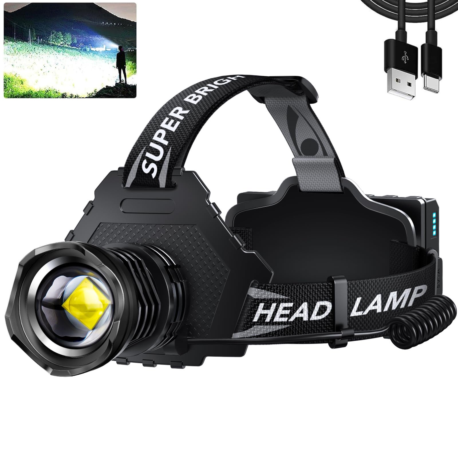 Lampe Frontale UV LED Puissante - Rechargeable, Lumière Noire, étanche, Zoom
