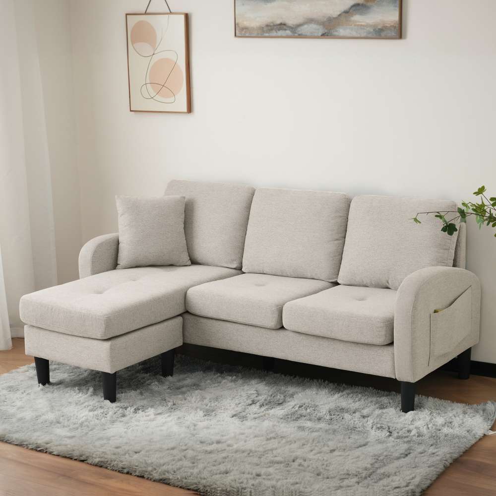 Narożnik 3-osobowy w kształcie litery L z szezlongiem – 166x118x77 cm, tkanina bawełniano-lniana, oddychająca, do salonu lub mieszkania