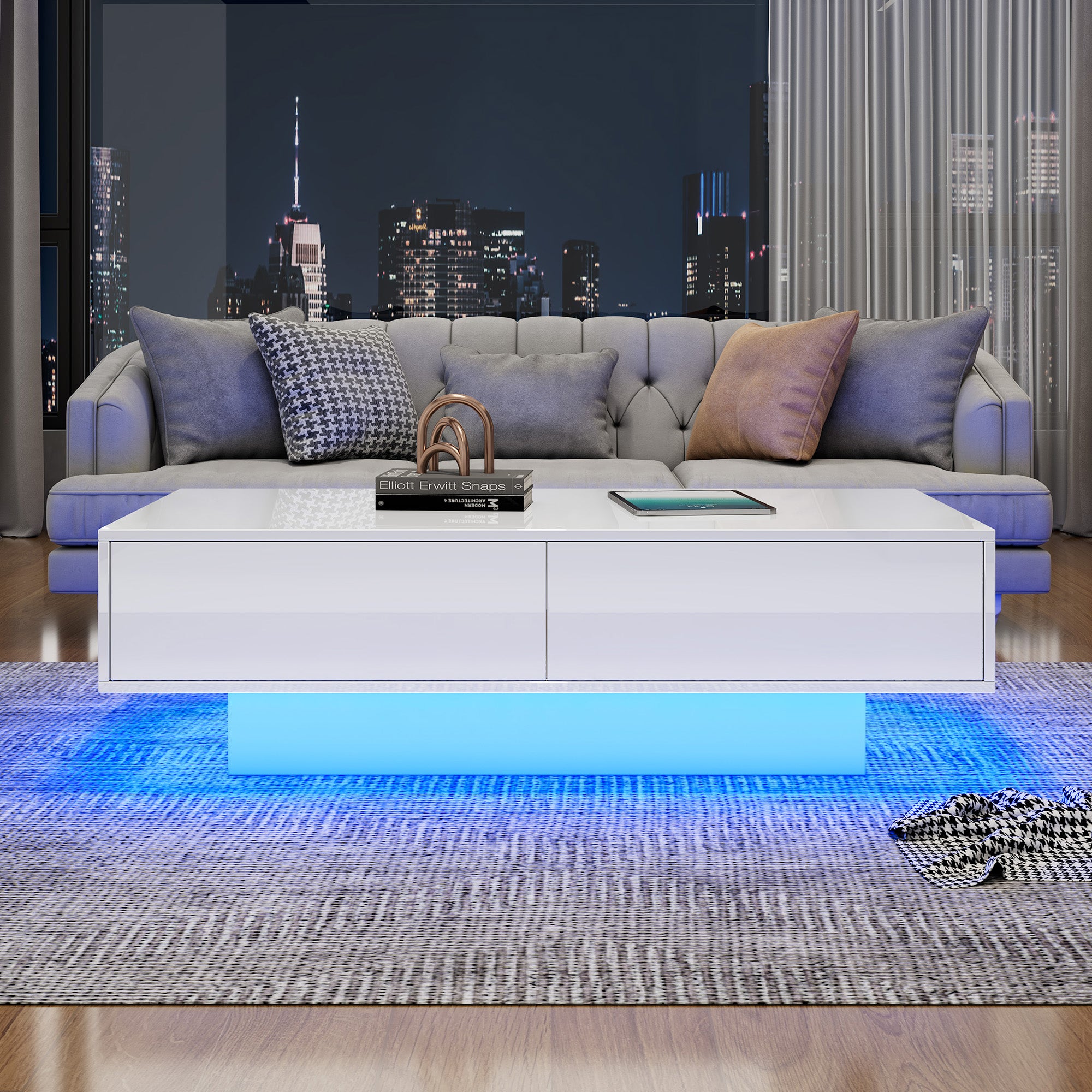 Table basse moderne laquée blanche brillante, 115 x 55 x 34 cm, avec 2 tiroirs, éclairage LED– Élégante table de salon - 3