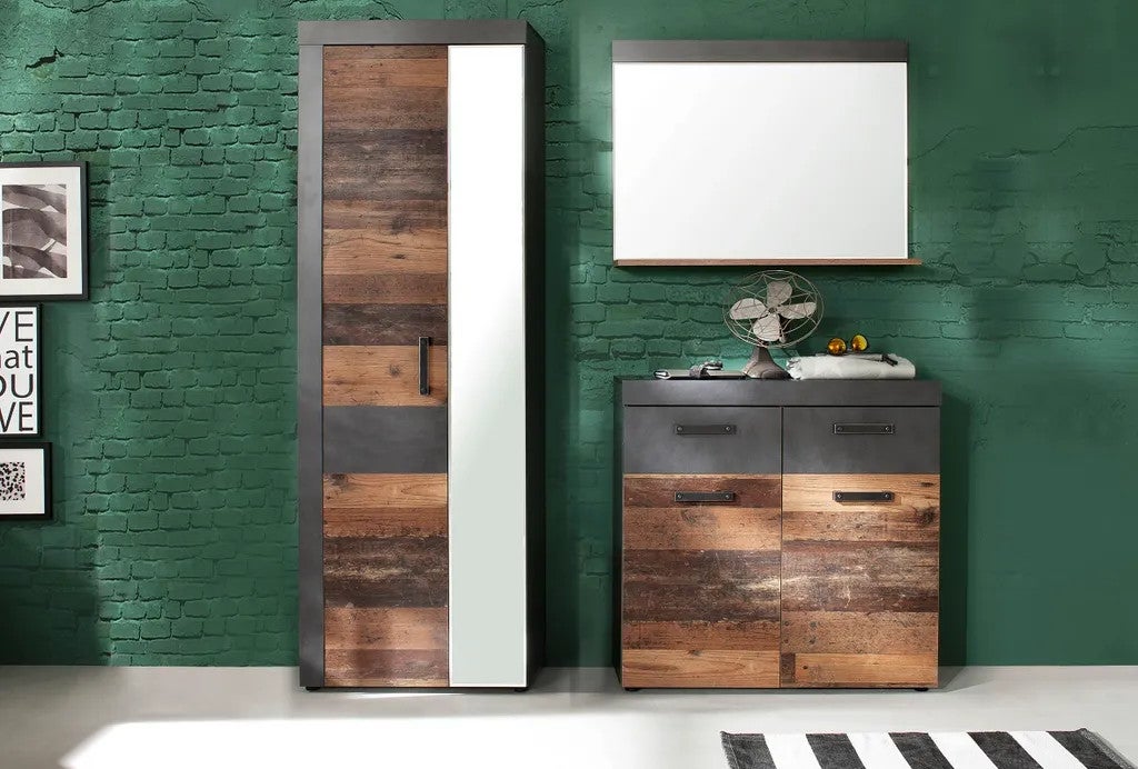 INDY - Meuble d'entrée - Miroir avec tablette en mélaminé coloris gris ciment. L - H - P : 90 - 62 - 20 cm - 7