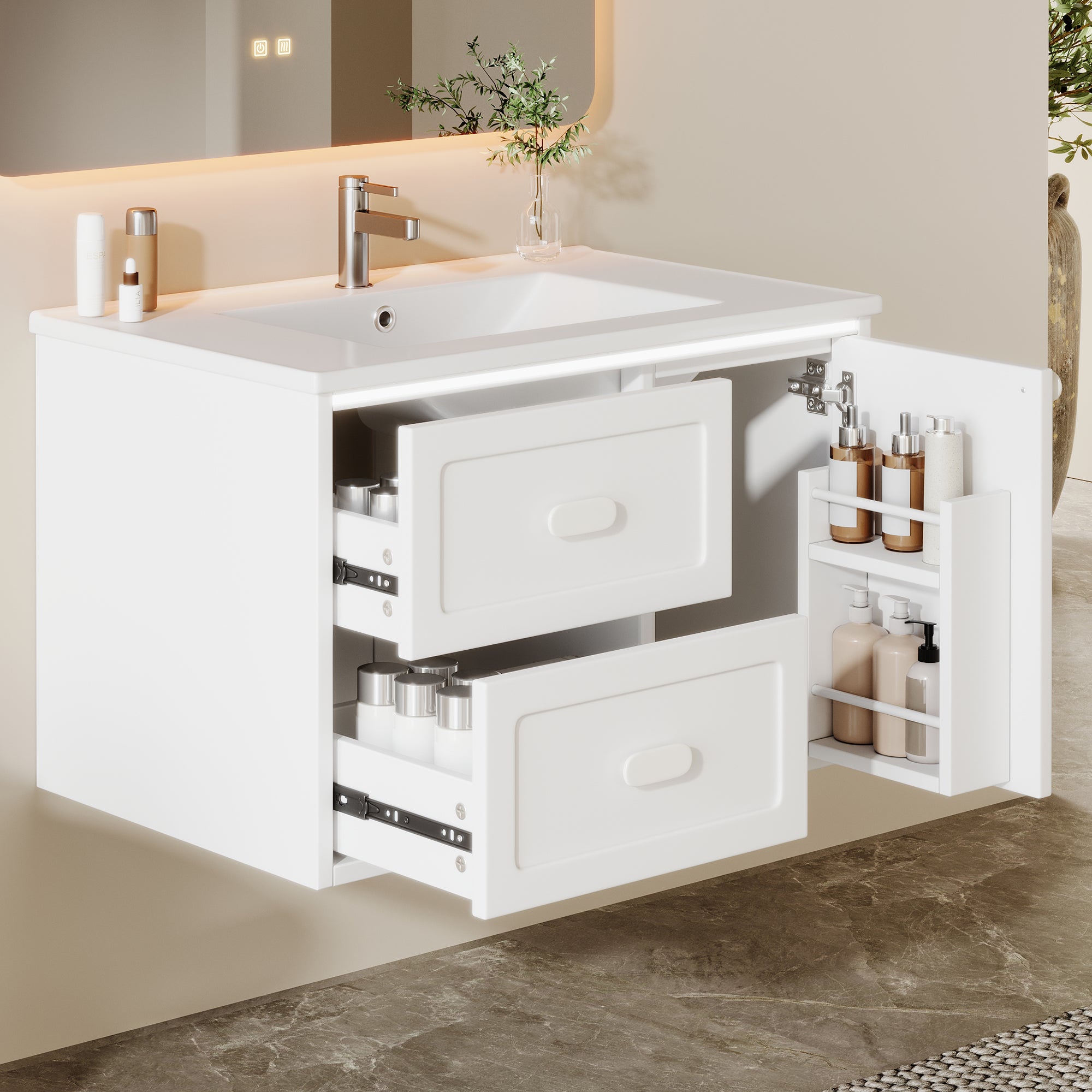 Szafka łazienkowa wisząca - pojedyncza umywalka ceramiczna, 1 drzwi i 2 szuflady - 76 x 46 x 51 cm - płyta MDF - diody LED - lakier biały