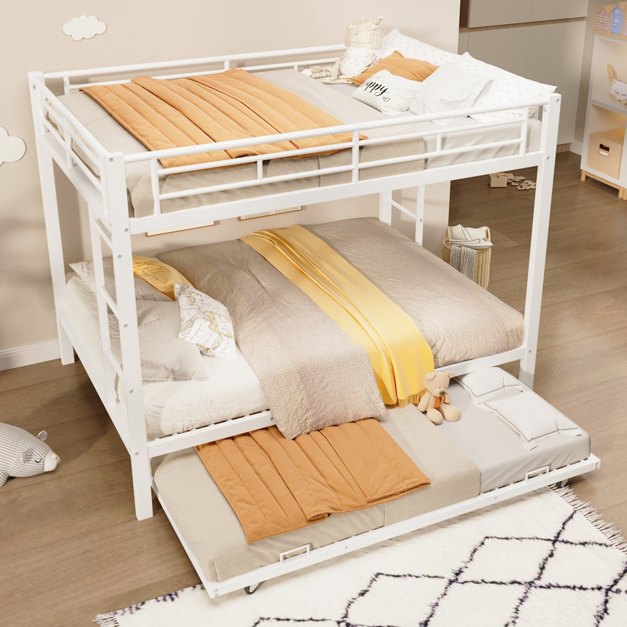 Lits superposés 2 x 140 x 200 cm avec lit gigogne 90 x 190 cm - Cadre en métal - Blanc (sans matelas) - 4