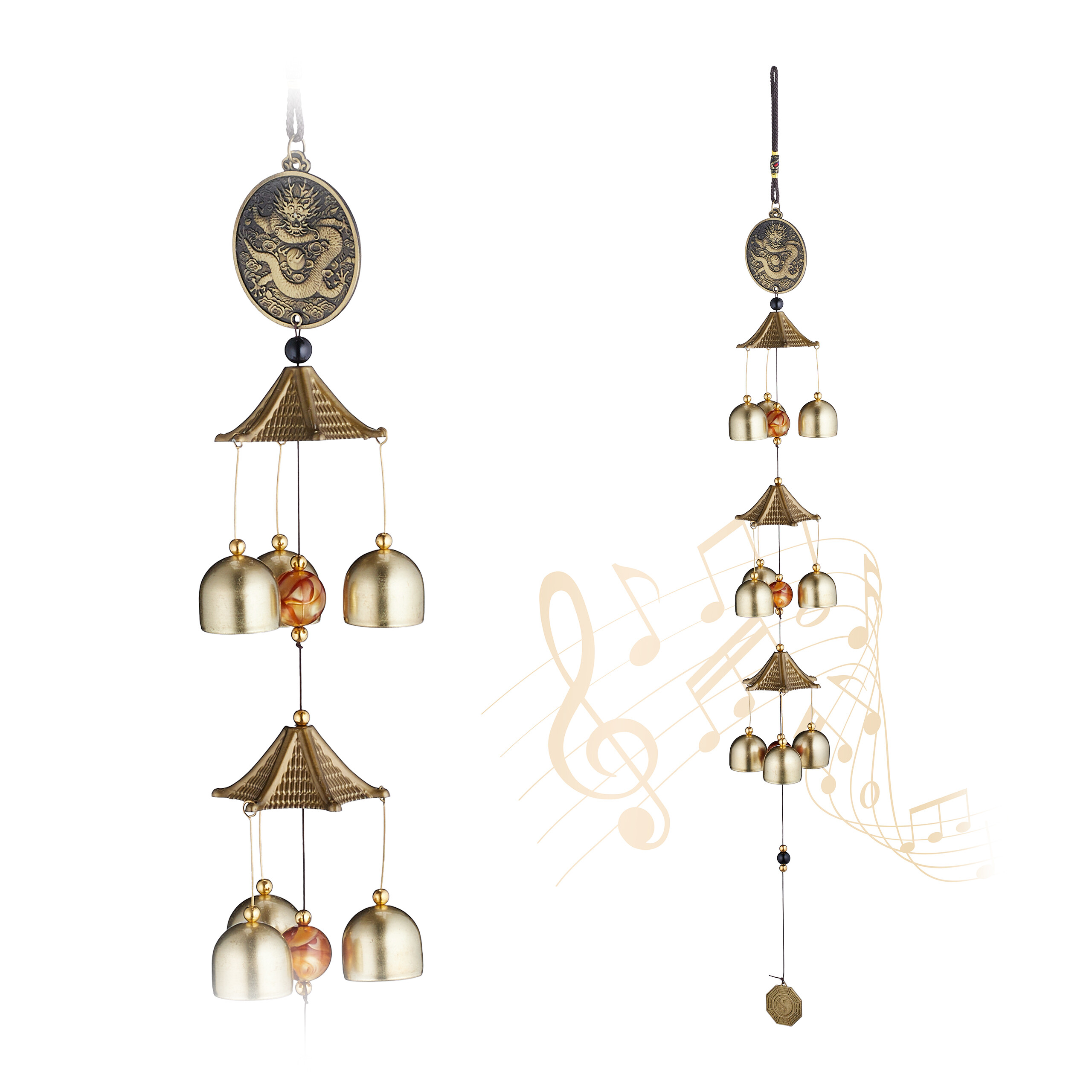 Relaxdays set 2 carillones viento, juego campanas metal jardín, interior y exterior, colgante, feng shui, dorado/negro