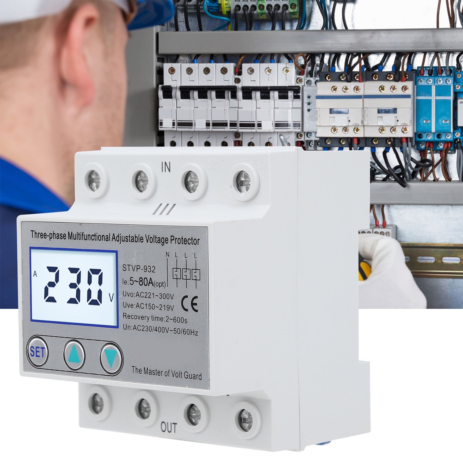 Protettore di tensione regolabile LCD 3-fase LCD Auto-resettatura Multifunzionale STVP-932 230V 400VAC (50A) - 9