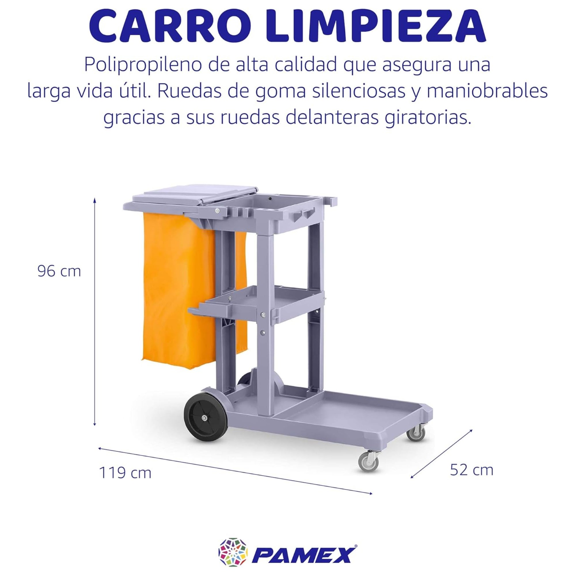 Carro de Limpieza Profesional Plástico con Tres bandejas con Saco de Vinilo de 100 Lt. más tapadera. Medidas 120x52x96 cm. (L x F x A). PAMEX® - 2