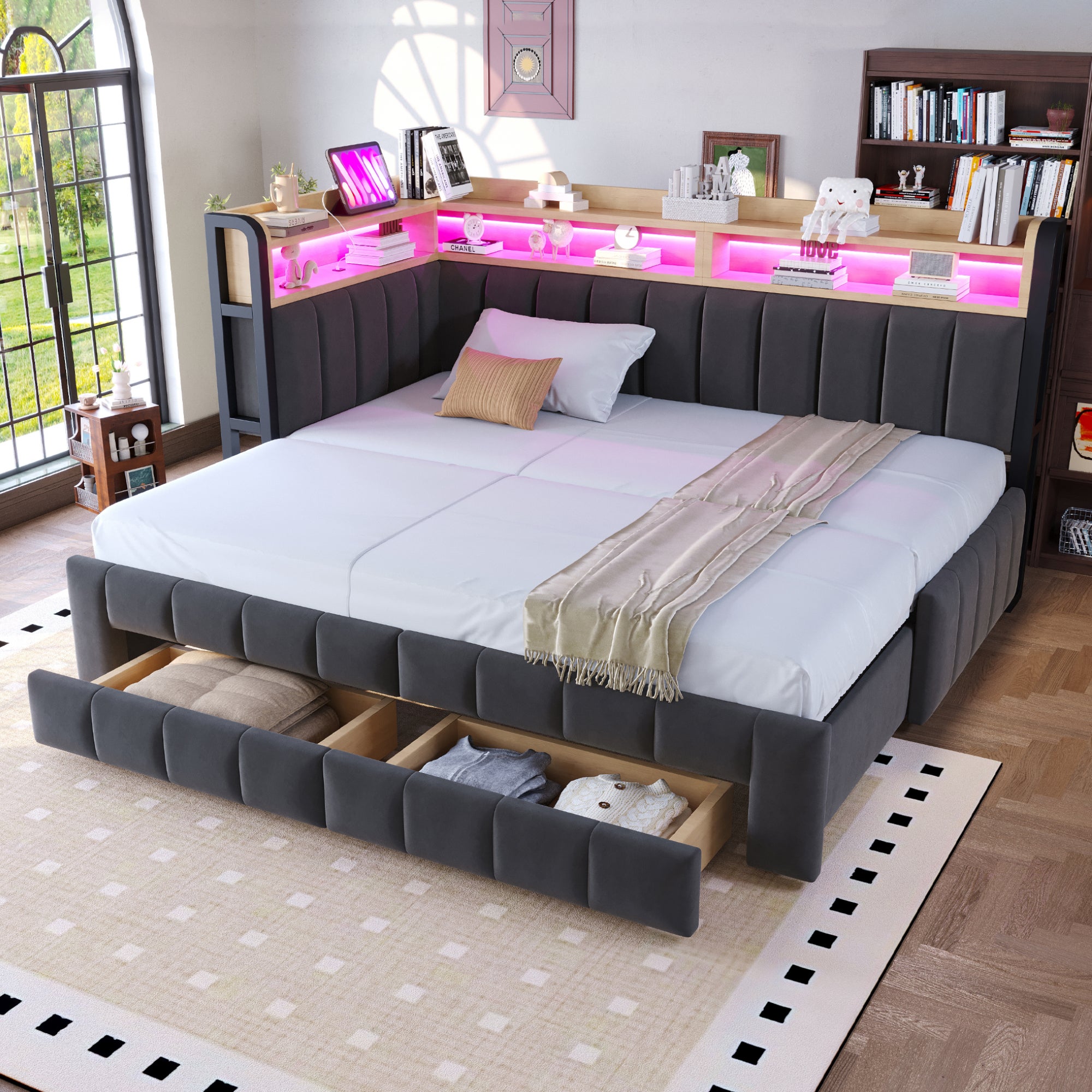 Canapé-lit 90/180×200cm avec éclairage LED et port,Lit capitonné avec lit gigogne et espace de rangement,Velours,Gris foncé (matelas non inclus) - 8