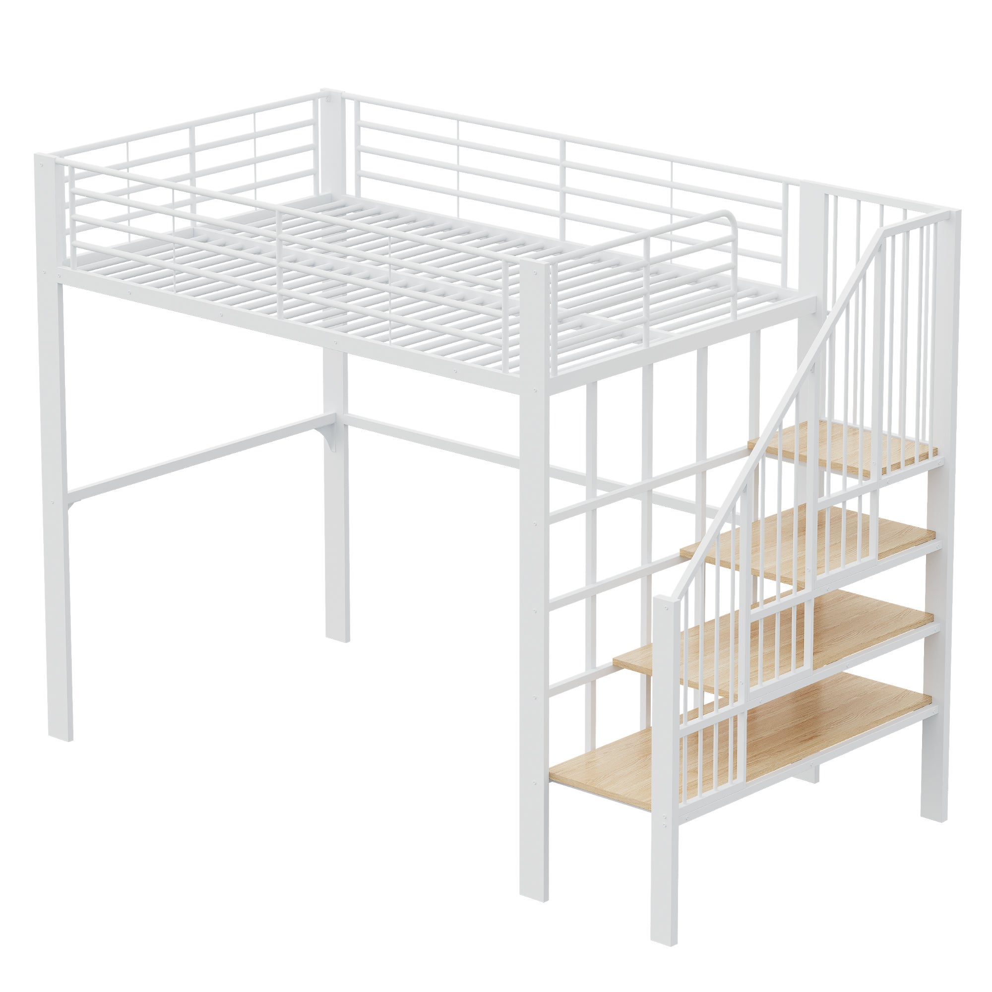 Lit mezzanine 140 x 200, construction métallique robuste avec un espace de rangement généreux sous le lit et l'escalier,blanc - 6