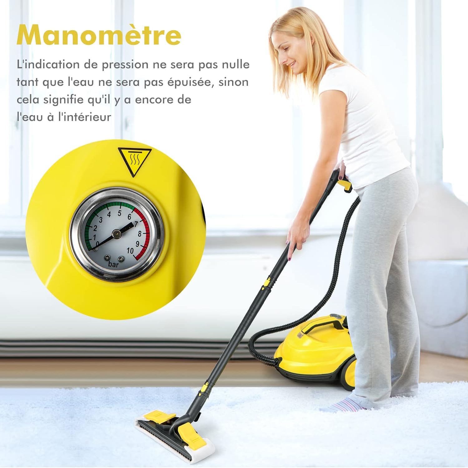 Versátil limpador a vapor de 2000 W, máquina de limpeza, limpador a vapor com reservatório de 1,8 L com 13 acessórios e manómetros, amarelo - 7