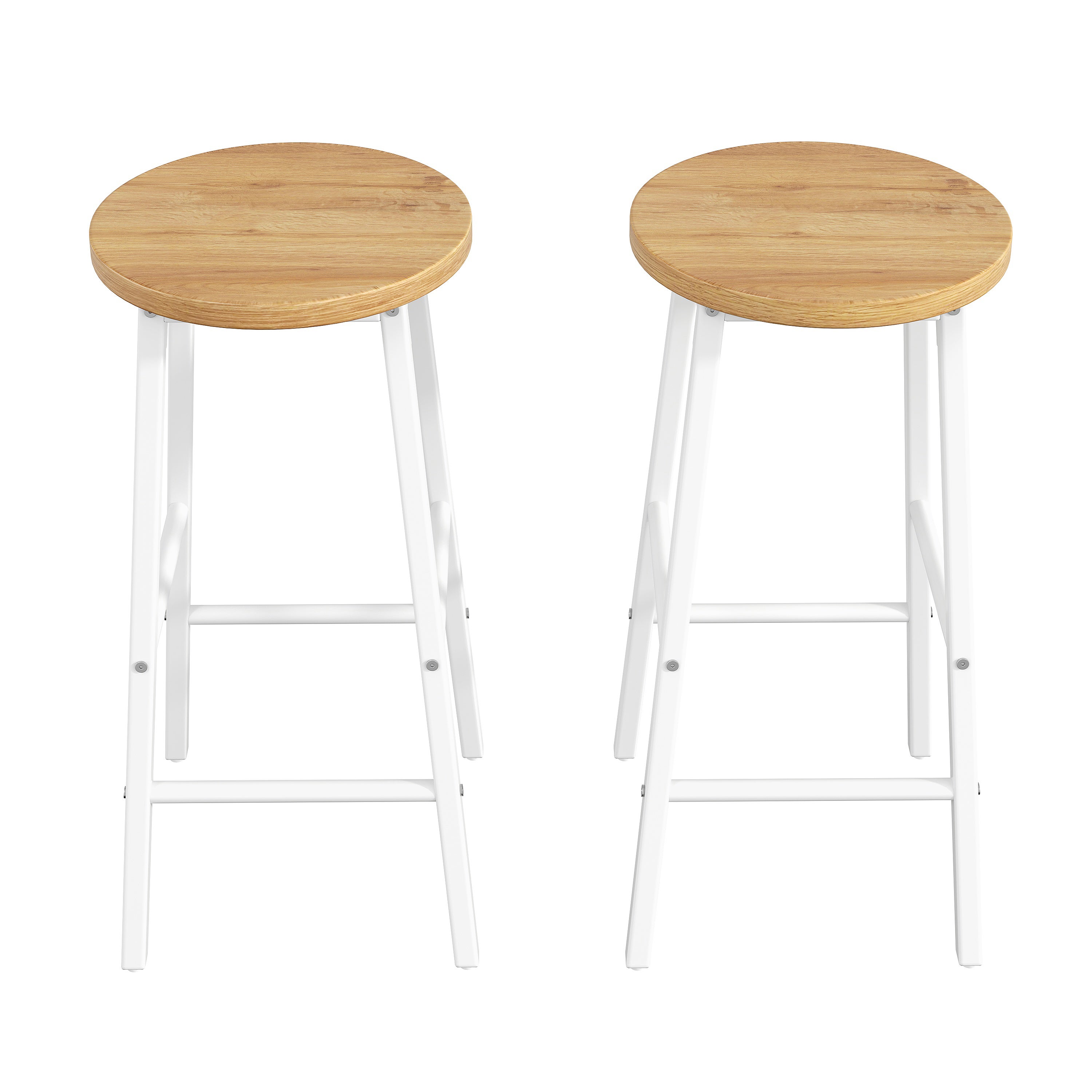 Lot de 2 Tabouret de bar avec repose-pieds et pieds réglables - MDF/métal - 30 x 30 x 63 cm - Blanc + bois naturel - 8