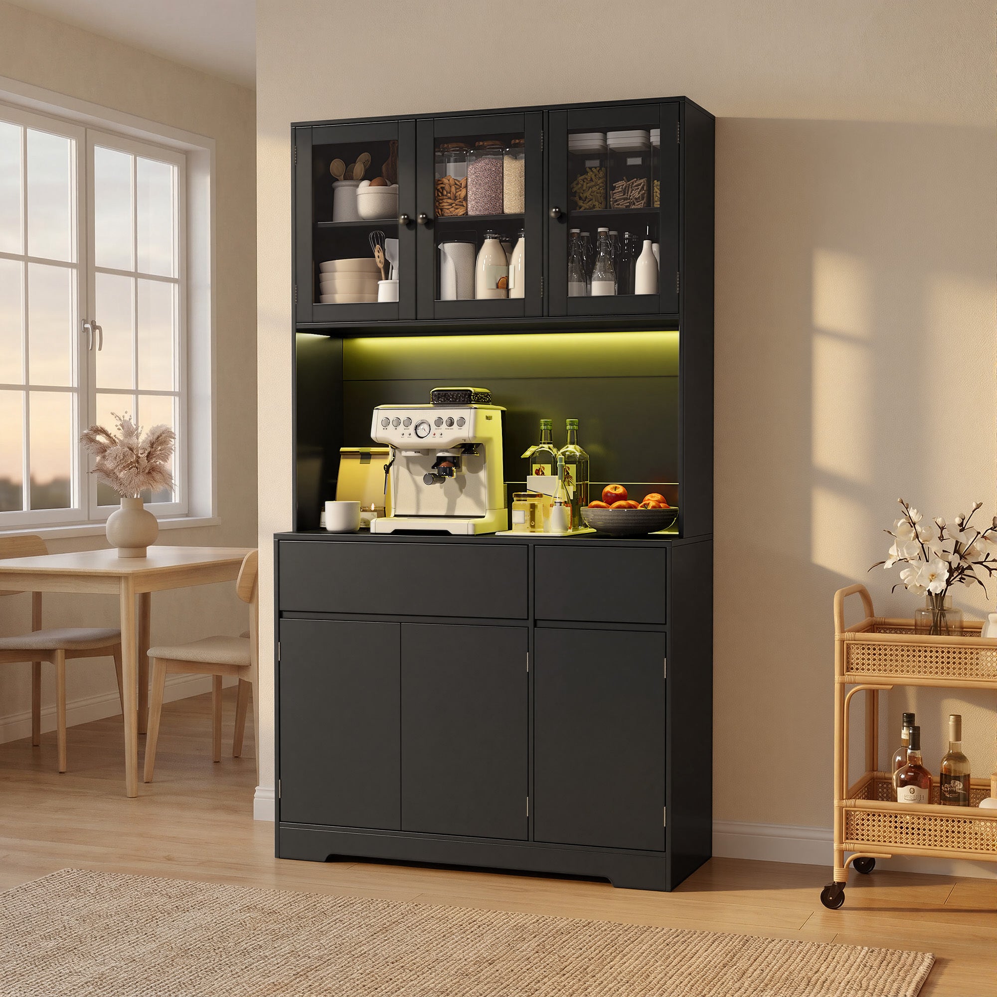 Meuble de rangement cuisine haut,100 cm,noir,avec 2 tiroirs et 6 portes,portes vitrées et prises USB - 9