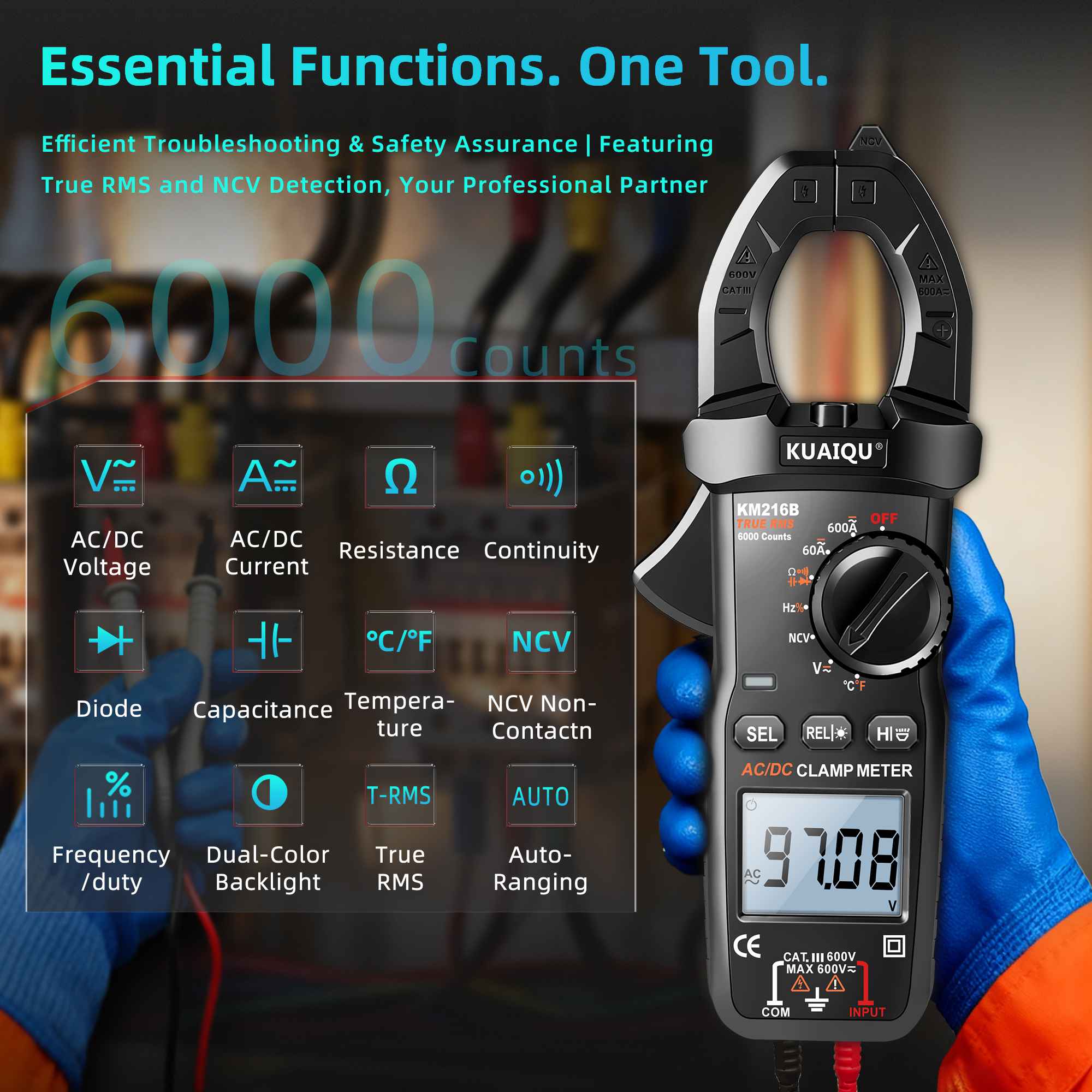 Multimètre pince numérique LED LCD 600A AC/DC NCV sécurité voltmètre test résistance continuité température - 5
