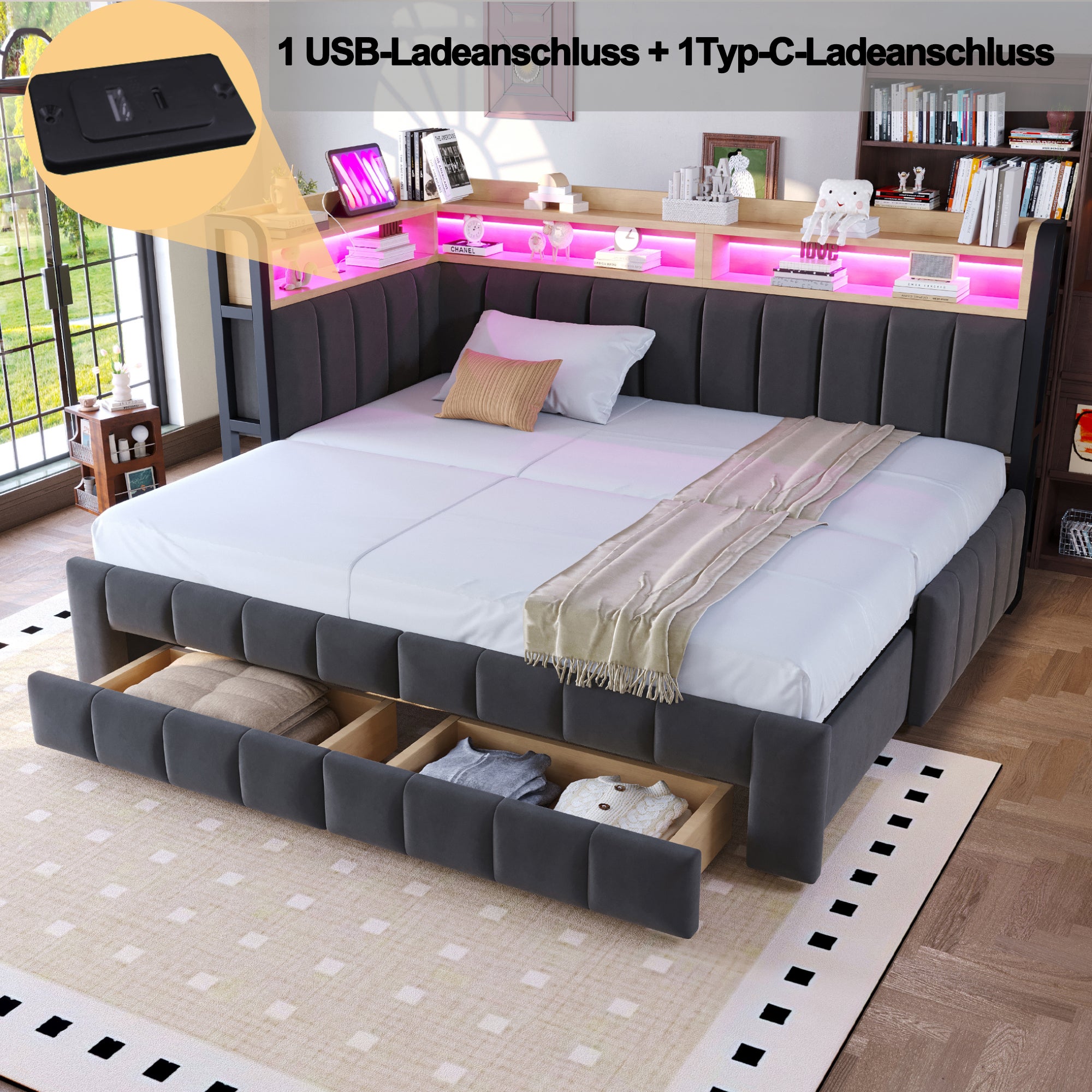 Canapé-lit 90/180×200cm avec éclairage LED et port,Lit capitonné avec lit gigogne et espace de rangement,Velours,Gris foncé (matelas non inclus) - 6