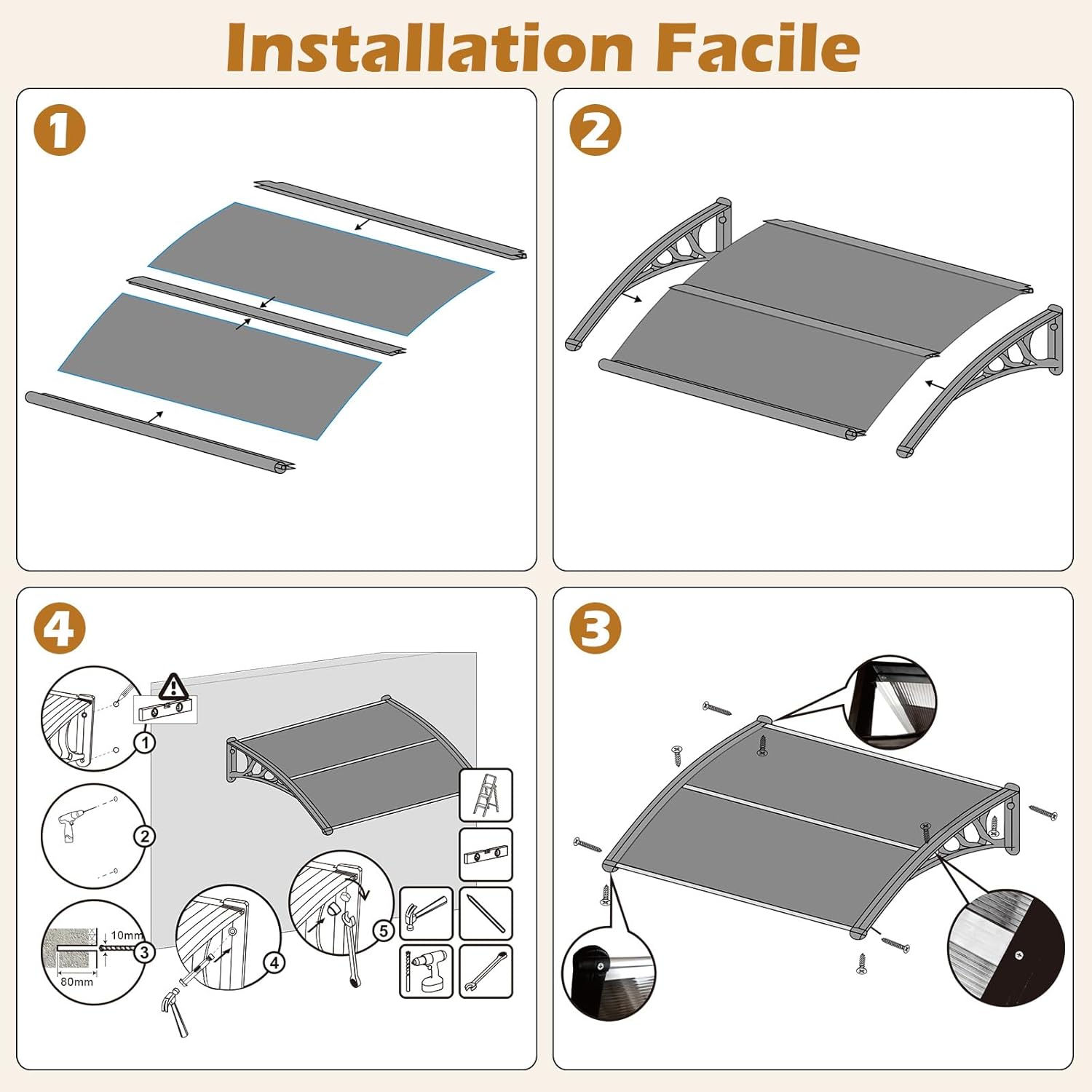 122 x 99 cm Toldo para porta de entrada Proteção solar, Toldo para portas e janelas exteriores Placa de policarbonato castanho - 6
