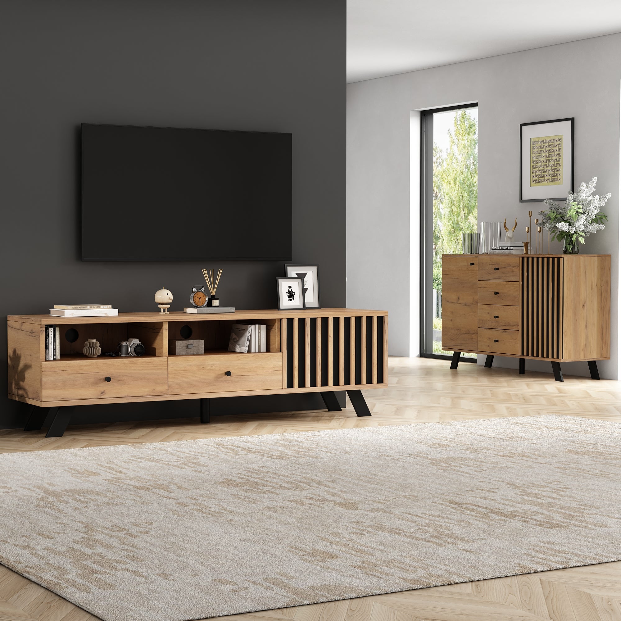 Zestaw szafek RTV 150 x 38 x 44 cm i niski kredens 120 x 38 x 75 cm - Płyta wiórowa - Naturalna