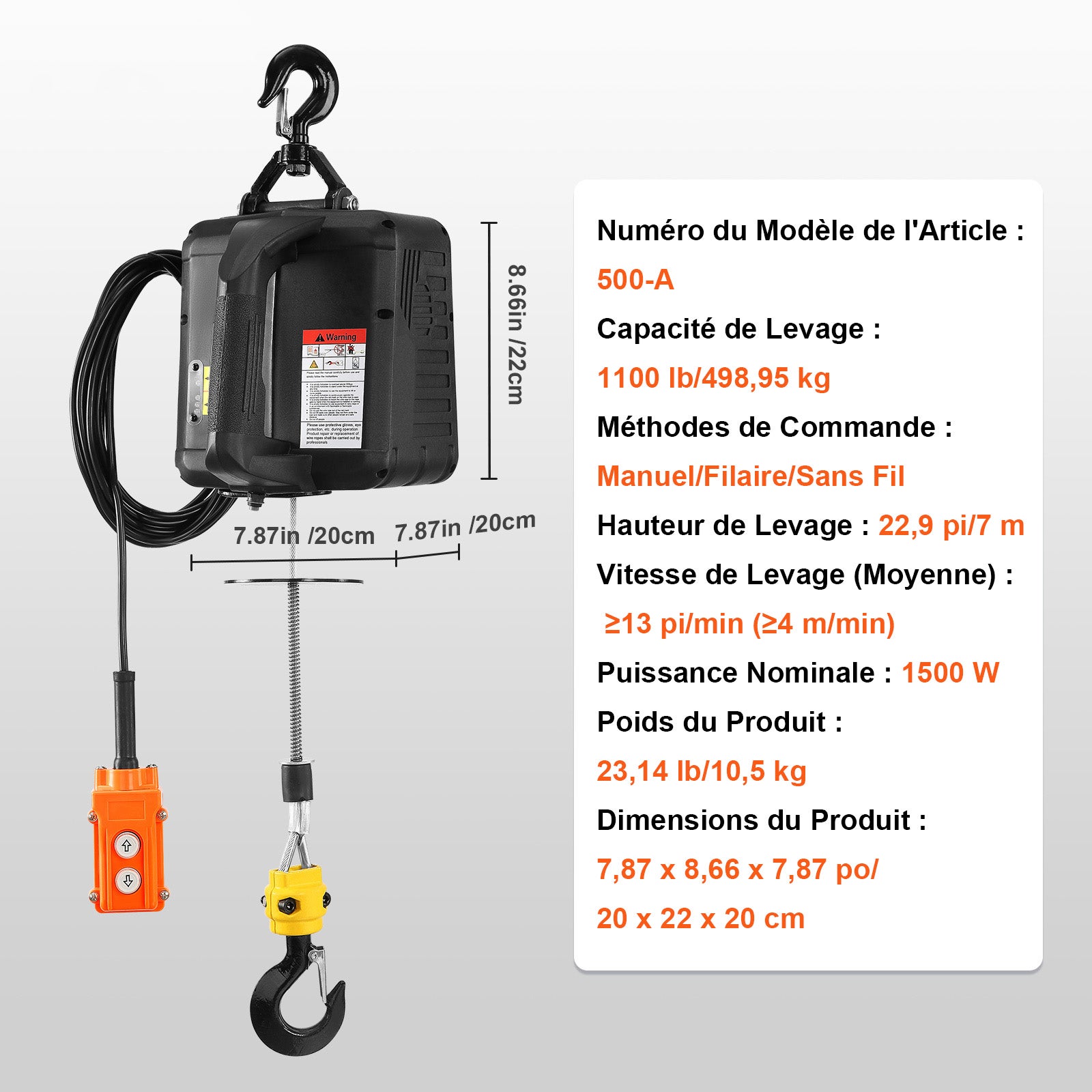 Treuil Électrique Portable 3-en-1 VEVOR 1500 W, Palan de Levage 499 kg, Câble 7 m, 4 m/min, Commande Filaire & Sans Fil pour Garage Atelier Entrepôt - 7