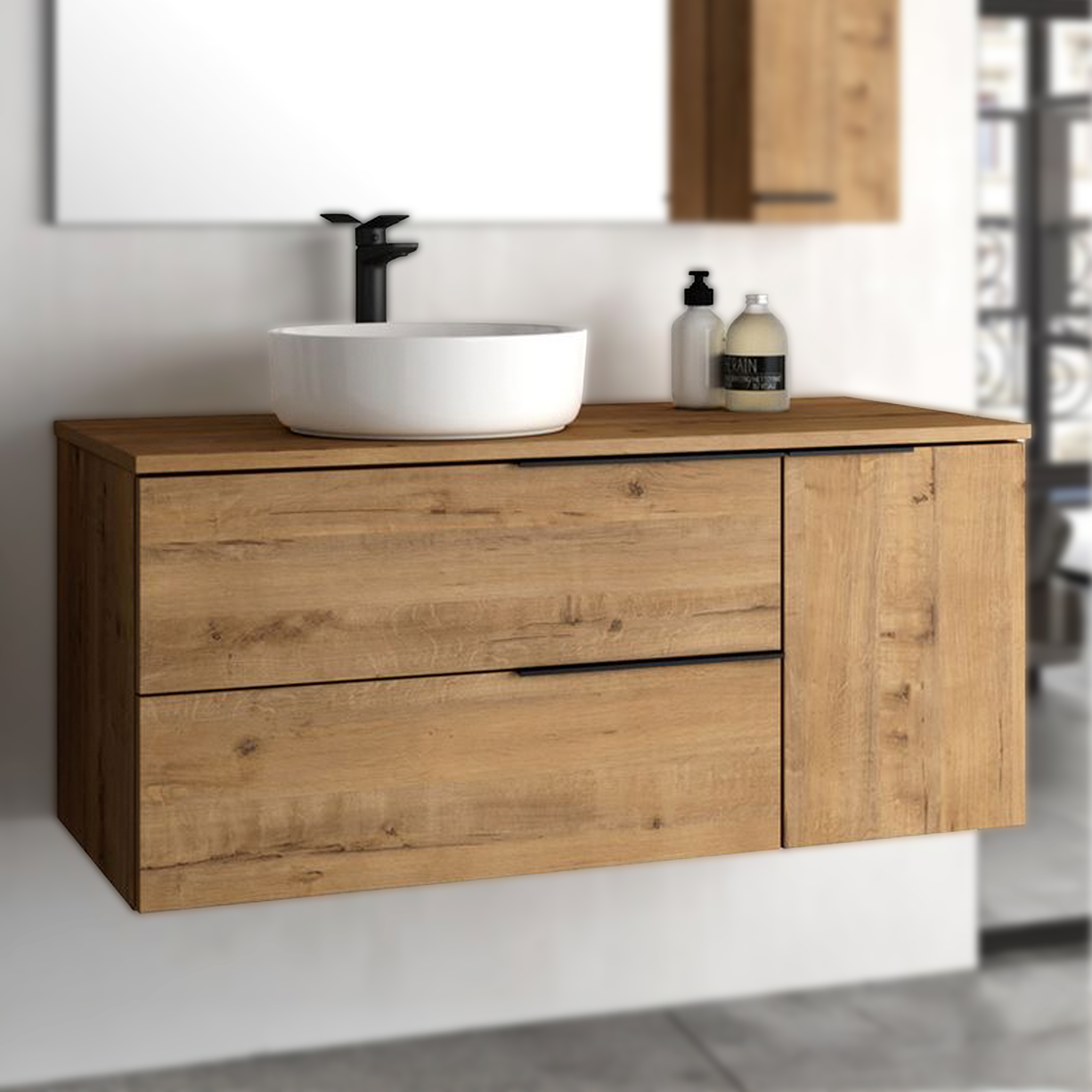 Mueble de baño con lavabo black capri top, roble con preciosa veta, ancho de 80 cm