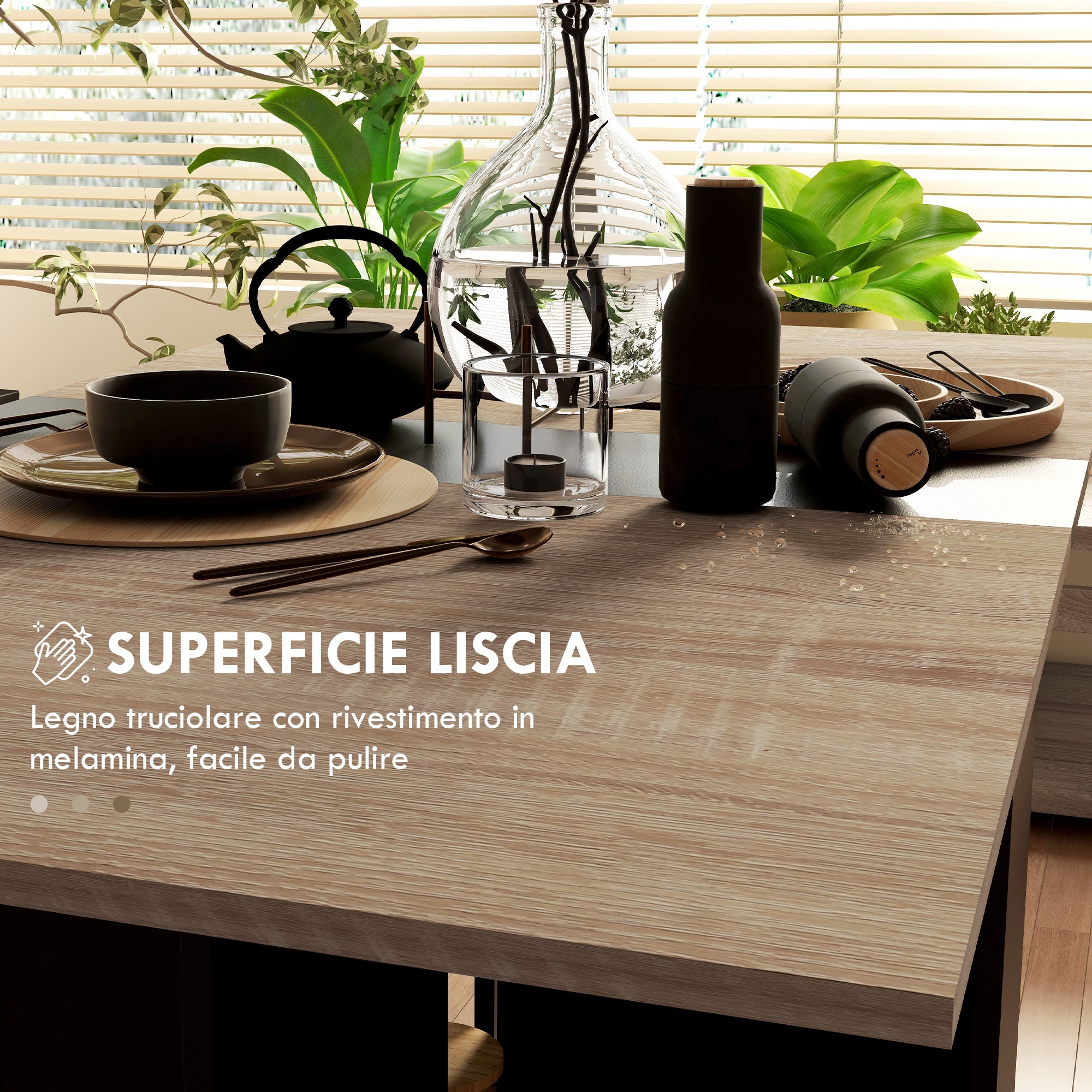 HOMCOM Tavolo Pieghevole Consolle per 4-6 persone con Ruote e Ripiani, 140x75x74cm, Rovere e Nero - 7