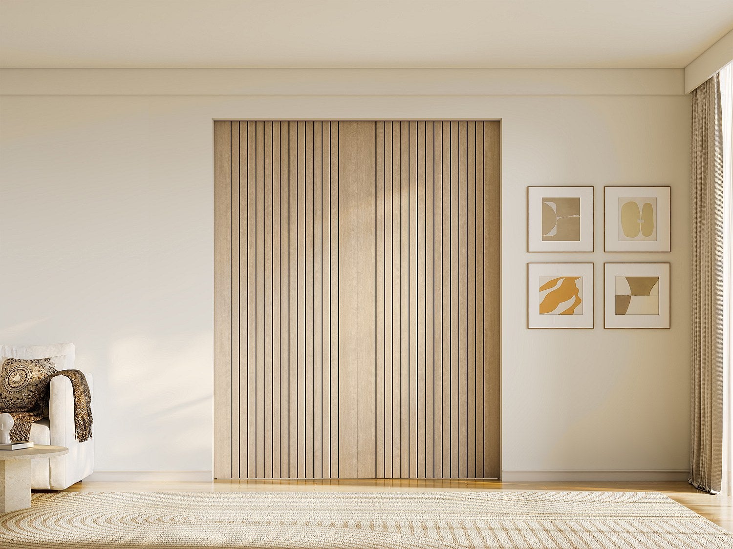 Porte coulissante double avec système à galandage en bois et MDF striée ...