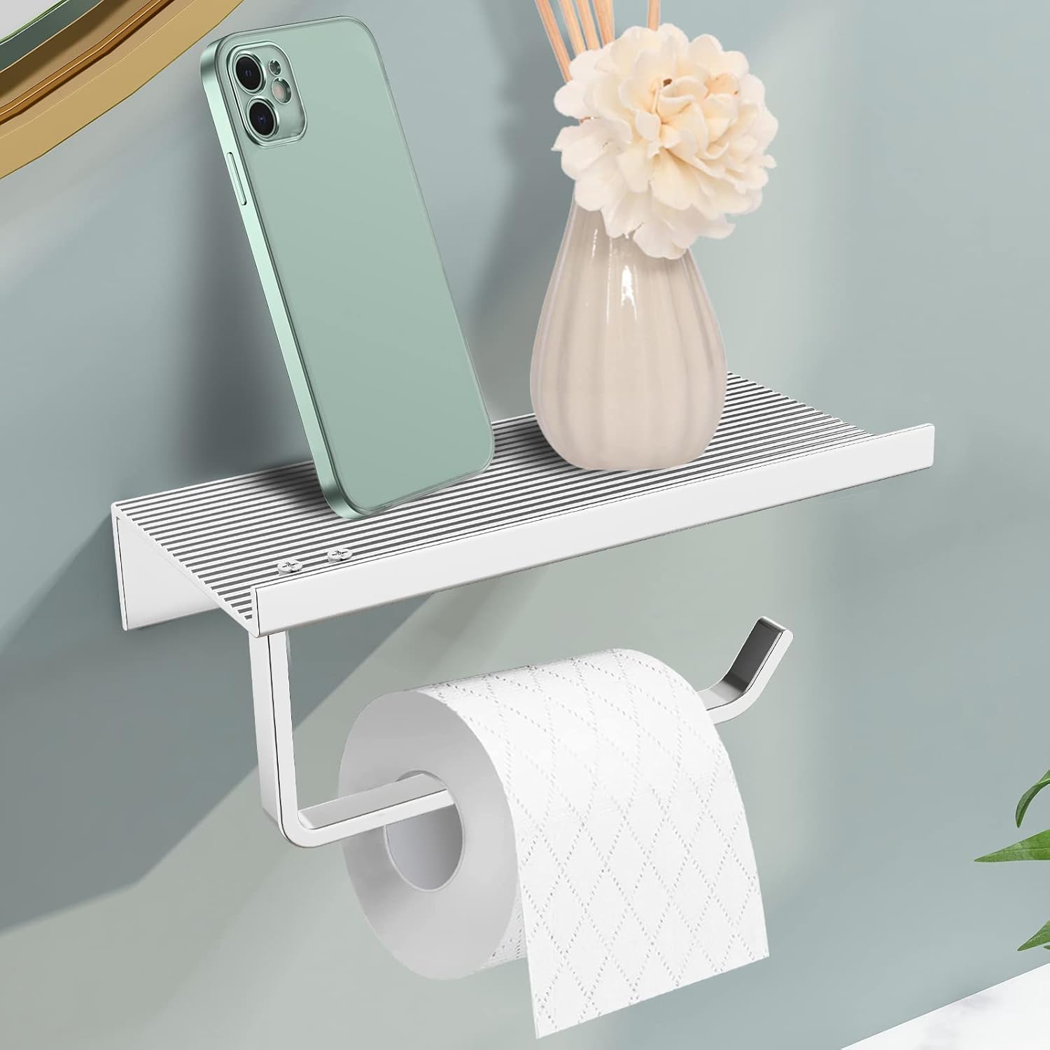Uchwyt na papier toaletowy montowany na ścianie, nie wymaga wiercenia, aluminiowy uchwyt na papier toaletowy z przestronną półką (srebrny) 18*8,5*6,5