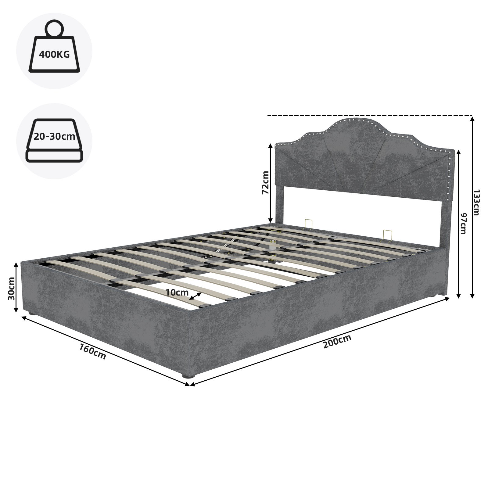 Letto contenitore matrimoniale 160x200 cm, testiera, barre di supporto gonfiabili, grigio metallo, senza materasso - 4