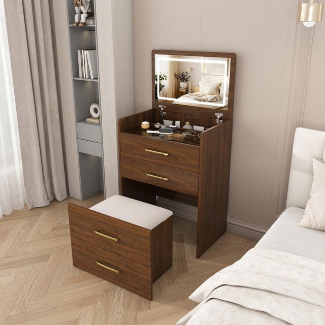 Toaletka z lustrem LED, MDF orzechowy, wys. 118 x szer. 60 x gł. 40 cm