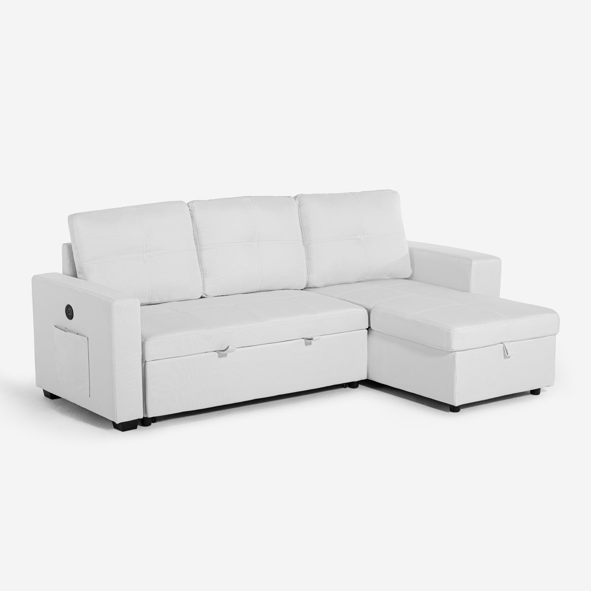 Divano letto 3 posti con penisola contenitore USB-C libreria Civis - Bianco - 2