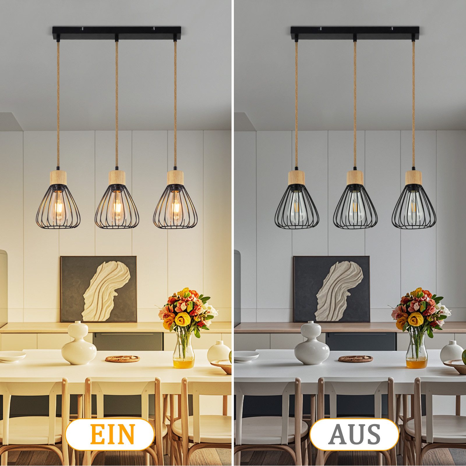 NETTLIFE Lampa wisząca Vintage Industrial Retro Lampa wisząca do salonu z drewna i liny konopnej w czarnym metalu 3 płomienie E27 - 4