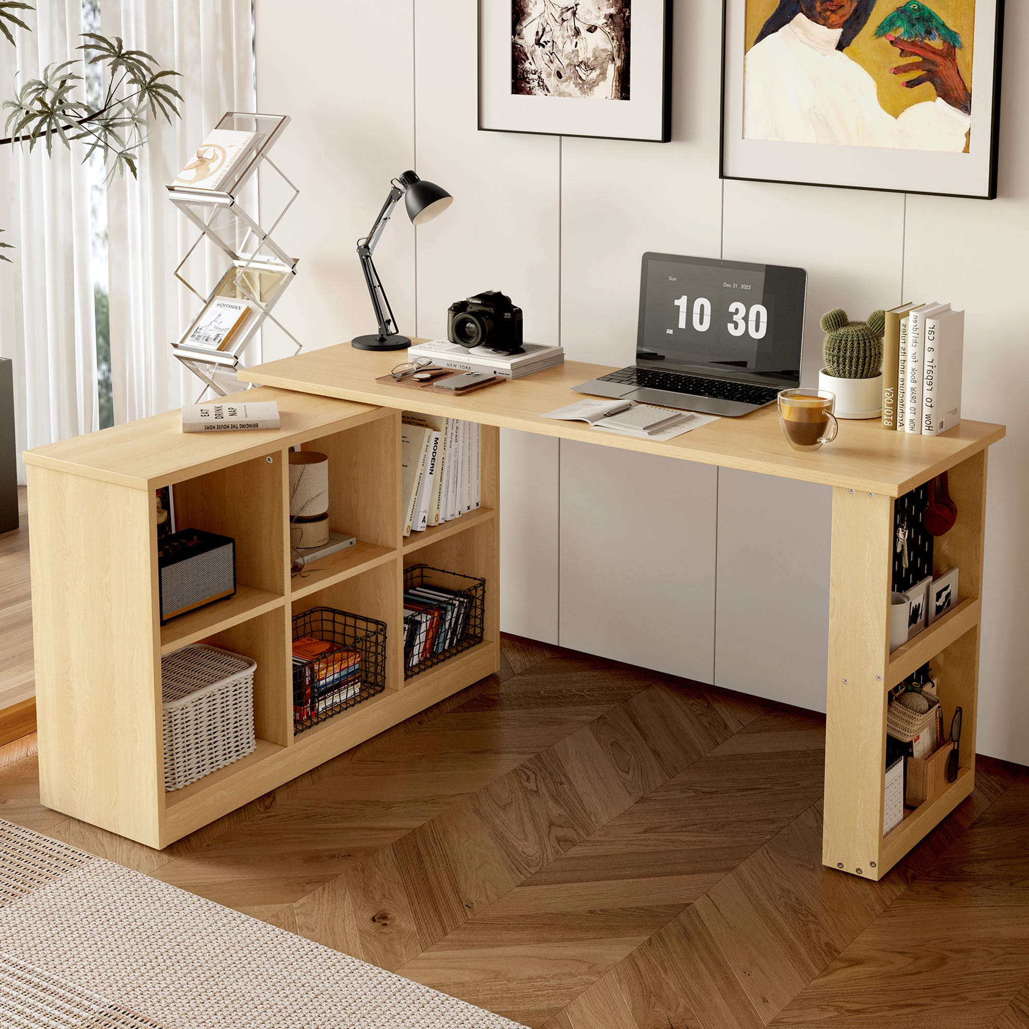 Escritorio multifuncional 140x104x75 cm con 6 compartimentos, estante y ...