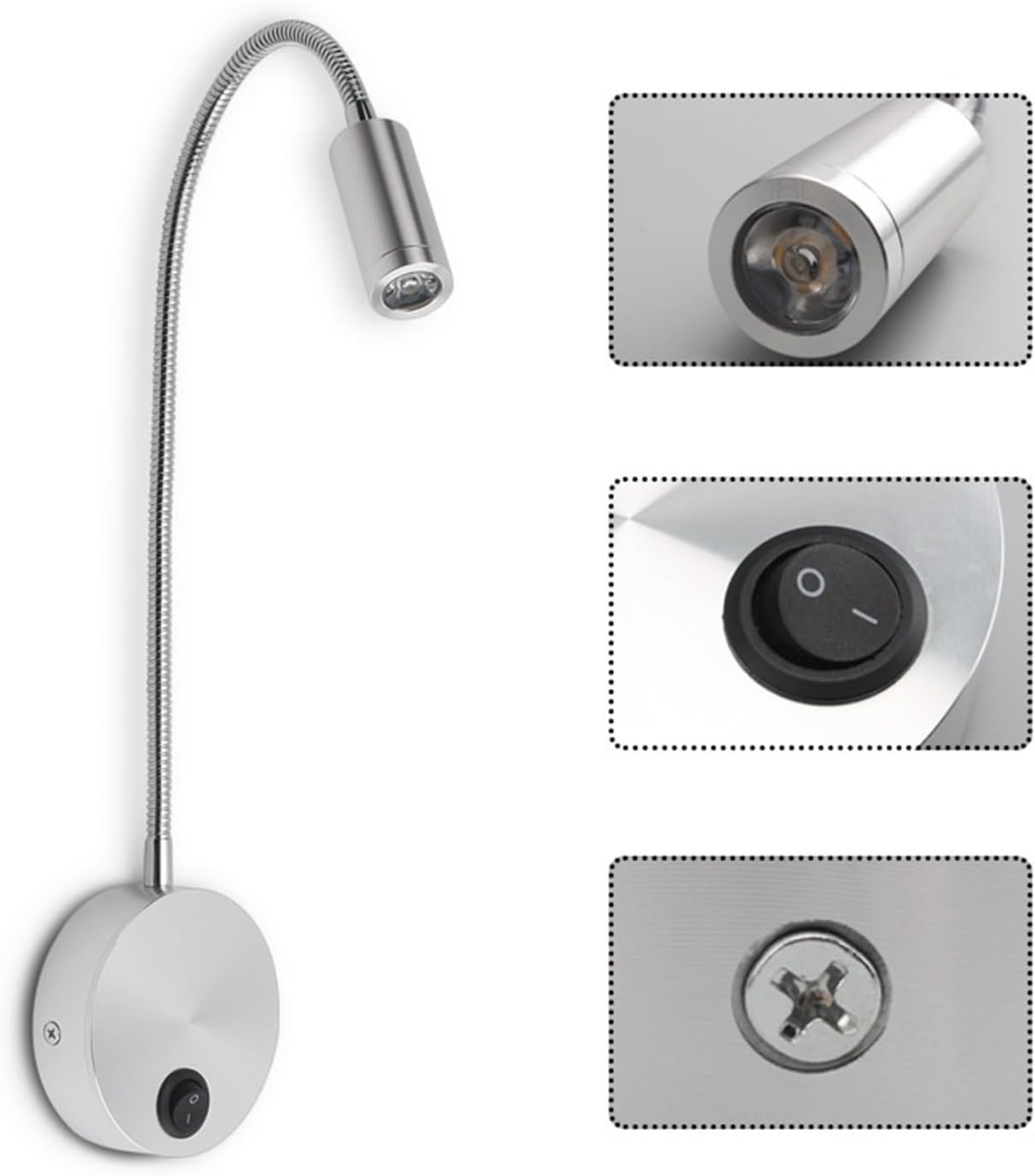 Lampe de lecture murale à LED en nickel, applique murale flexible à col de cygne avec interrupteur poussoir, lampe de lecture moderne pour tête de lit de chambre à coucher 3000 K