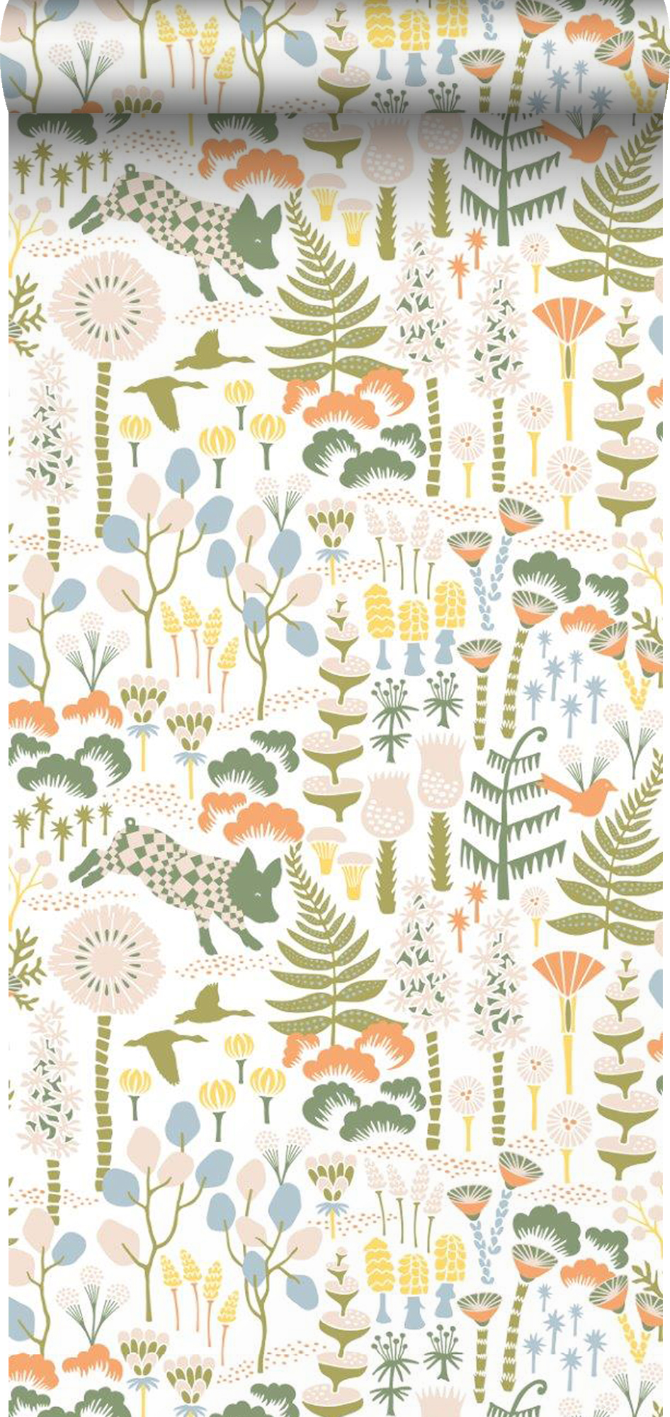 Papel pintado paisaje boscoso verde, naranja y amarillo - 53 cm x 10.05 m - borastapeter