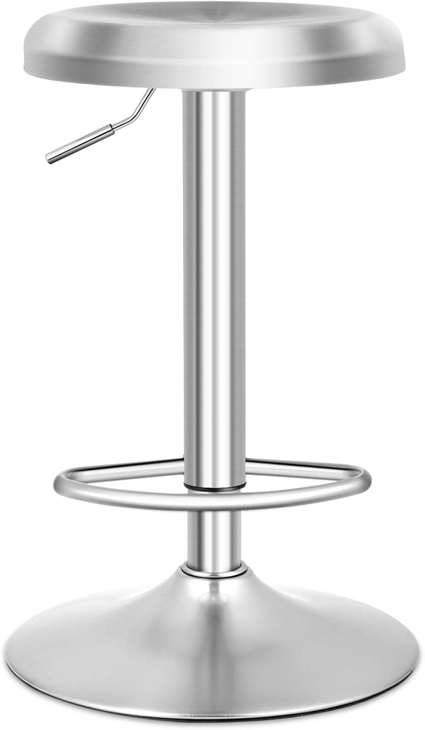 Stołek Barowy, Regulowana Wysokość od 61 do 82 cm, Obrotowy o 360°, z Podnóżkiem, Okrągły, ze Stali Nierdzewnej, Srebrny, 38,5 x 38,5 x 61-82 cm