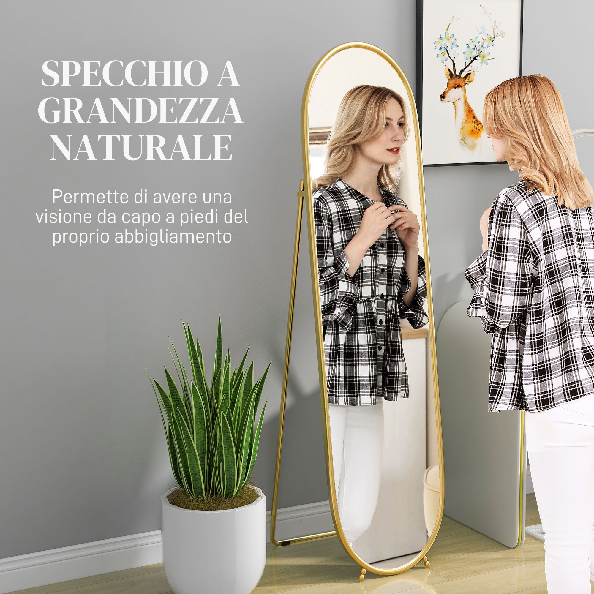 Miroir de sol moderne en pied, or, salon et couloir, pour chambre, MDF et métal, en verre, miroir vertical anti-explosion de 157x36 cm avec cadre - 6