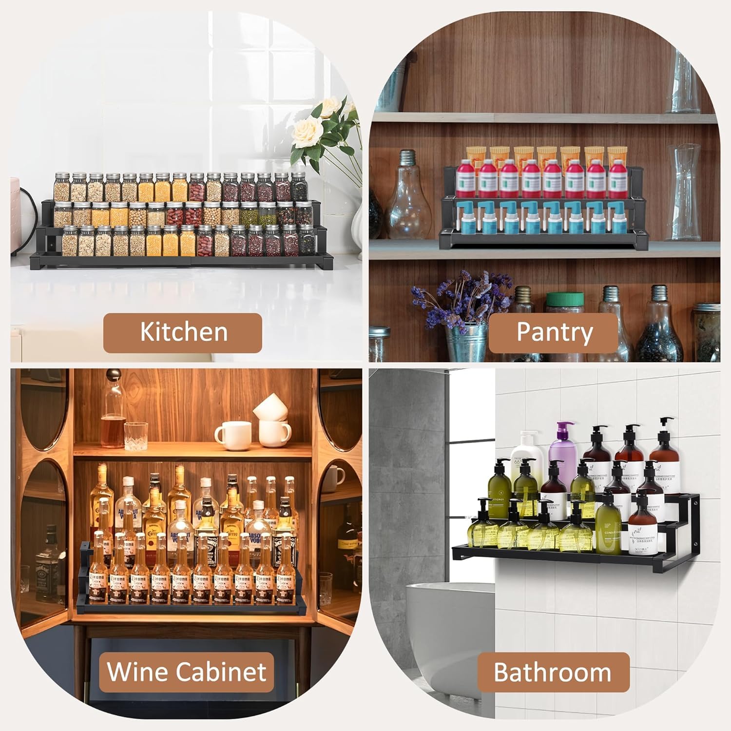 Porta spezie a 3 livelli per mobile da cucina, ripiano espandibile per spezie da 36,8-66,5 cm, organizer per condimenti, ripiano espositivo in metallo - 9