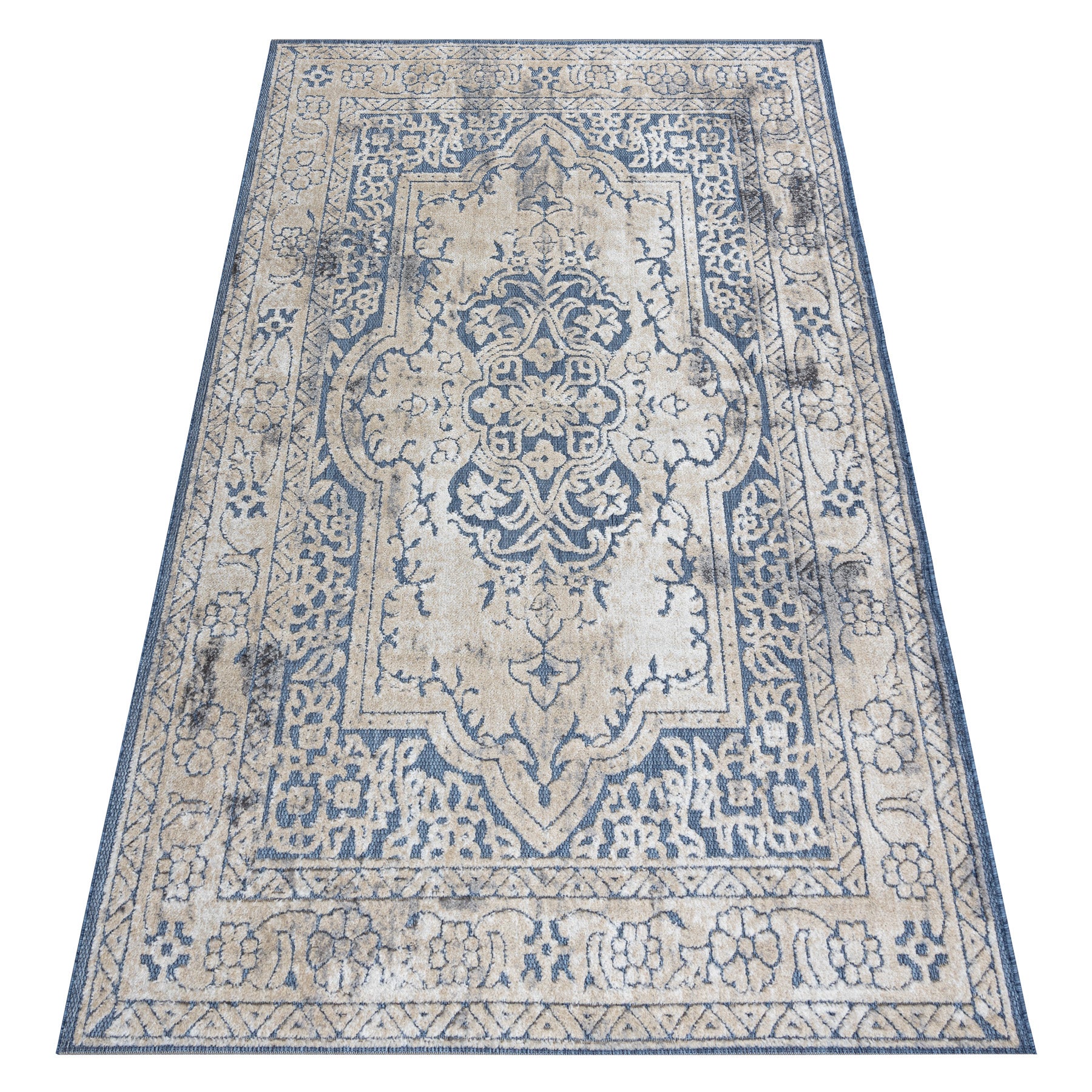 Dywan Strukturalny SOLE D3871 Ornament, ramka - płasko tkany niebieski / beż 80x250 cm
