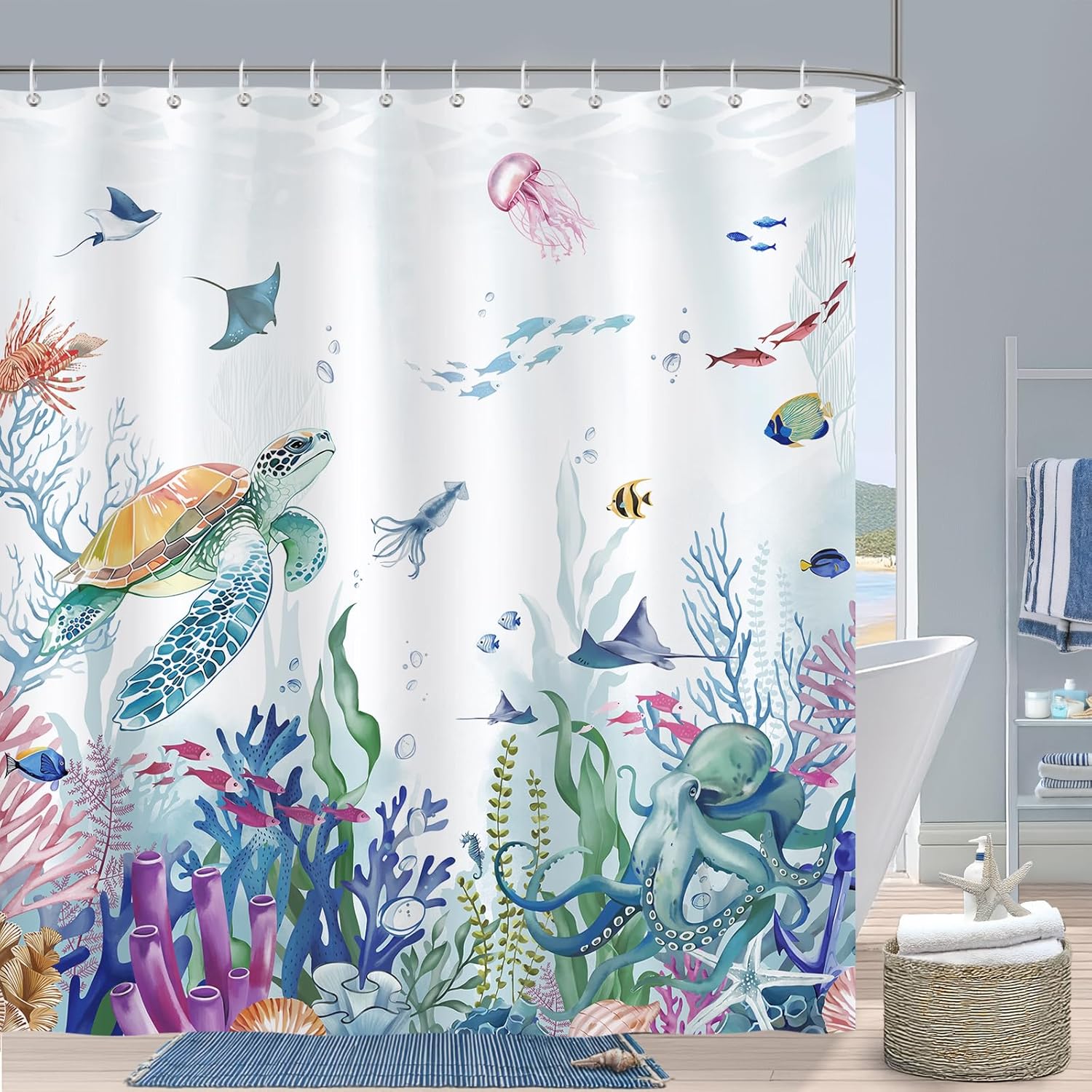 Tenda Doccia Extra Lunga 213 Cm Con Tartarughe Marine E Polipi - Tessuto Impermeabile Con Ganci - 183x213 Cm - Blu Oceano - 3