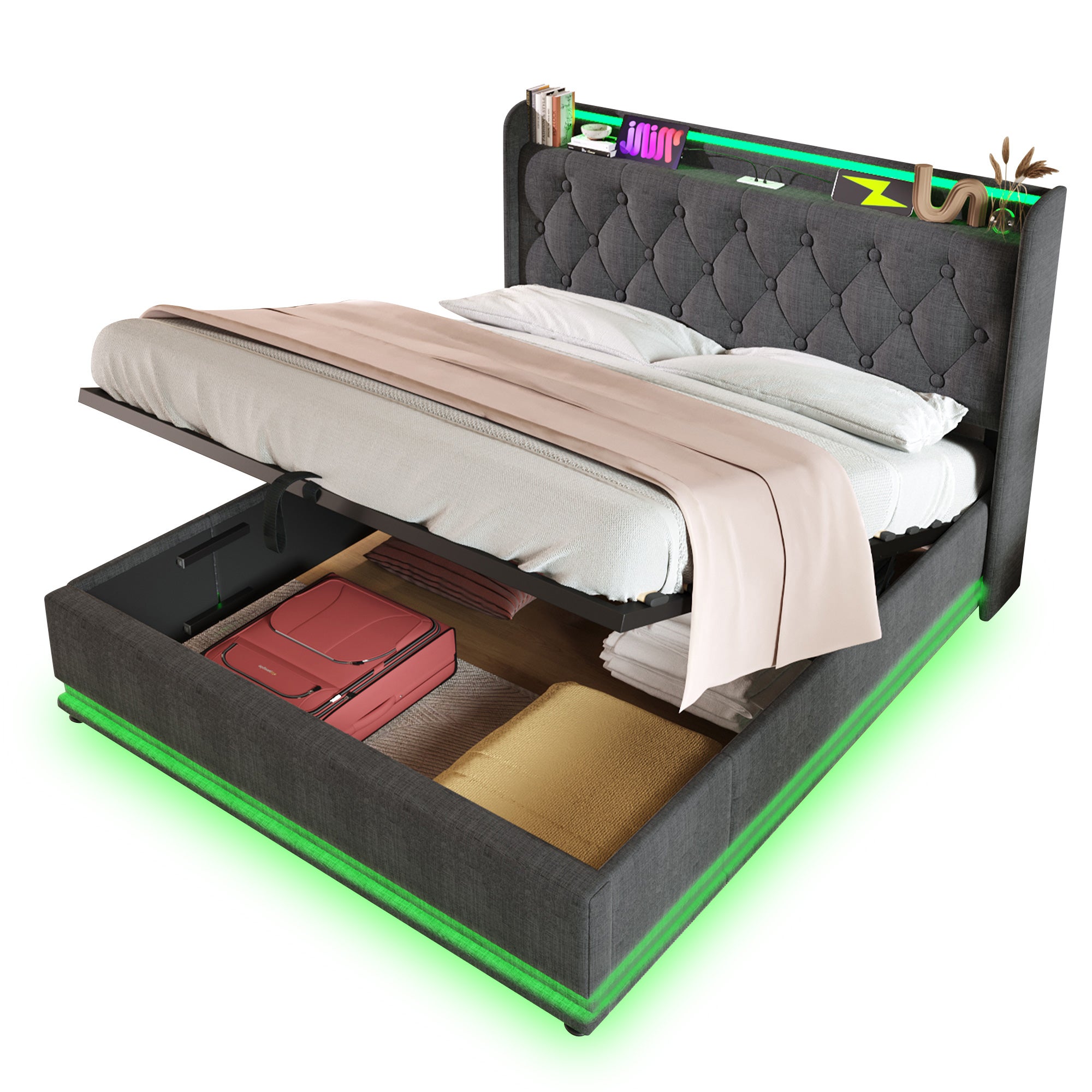 Cama con almacenaje de lino 160x200 cm - con LED y enchufes USB y tipo C - Gris - 4