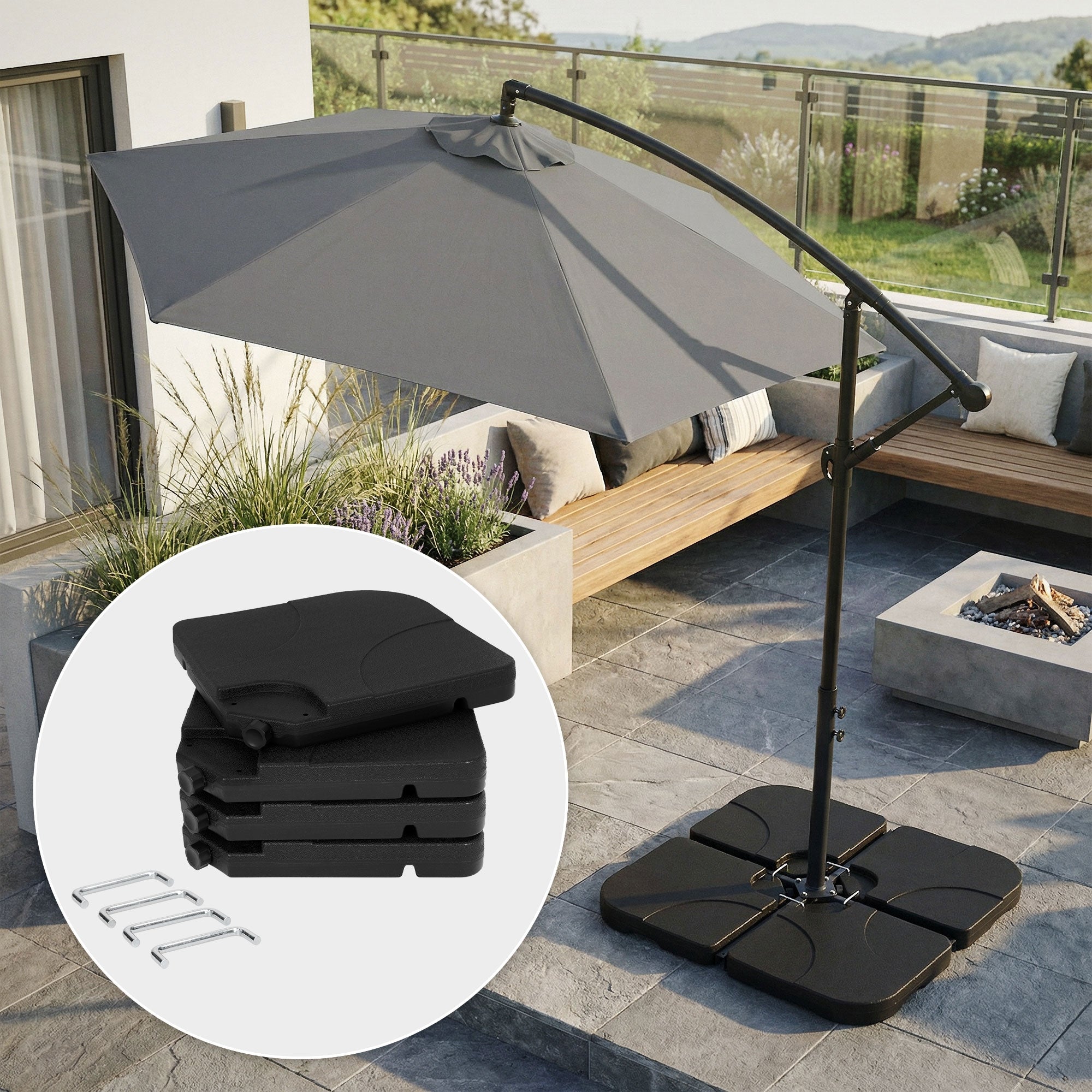 Lot de 4 poids de lestage pour base de parasol déporté noir en plastique dalles remplissables 60 L eau ou 80 Kg sable plaques pour support en croix - 8