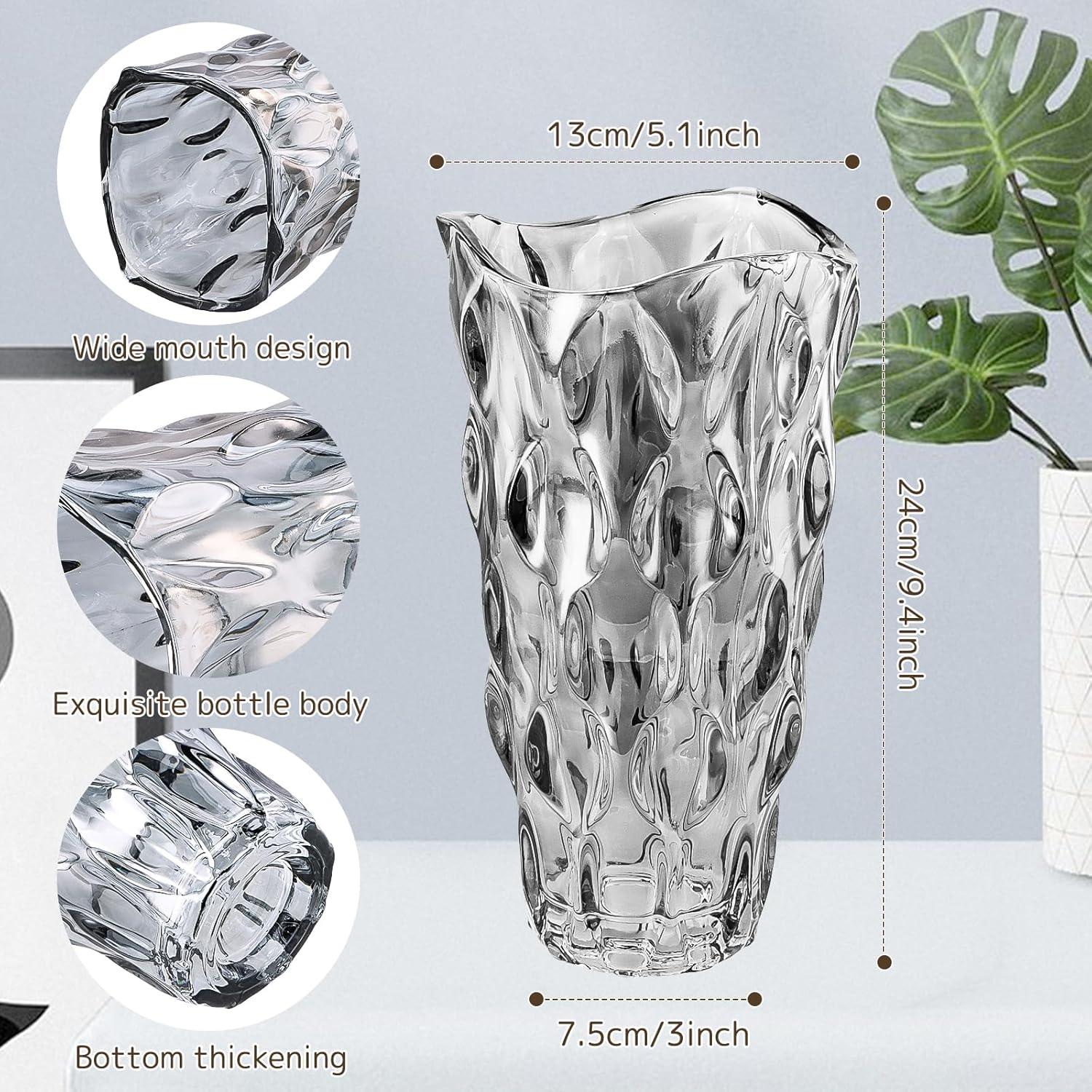 Vaso per fiori in vetro soffiato soffiato a mano, bocca obliqua, vaso singolo, base pesante, stelo