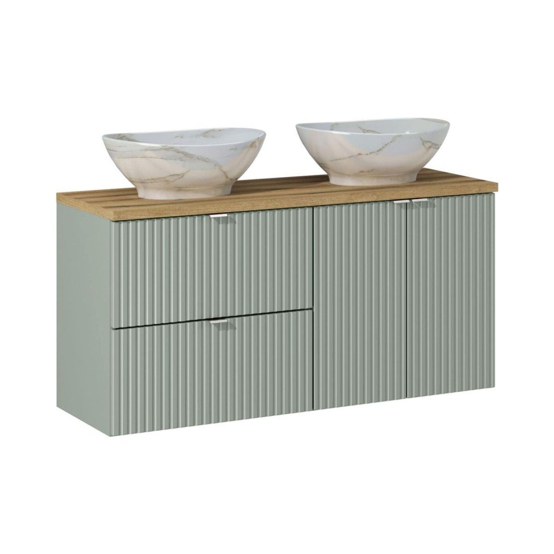 Conjunto elvina 120cm: muebles bajo lavabo con cajones y armarios + encimera para lavabo + dos lavabos sobre encimera de mármol