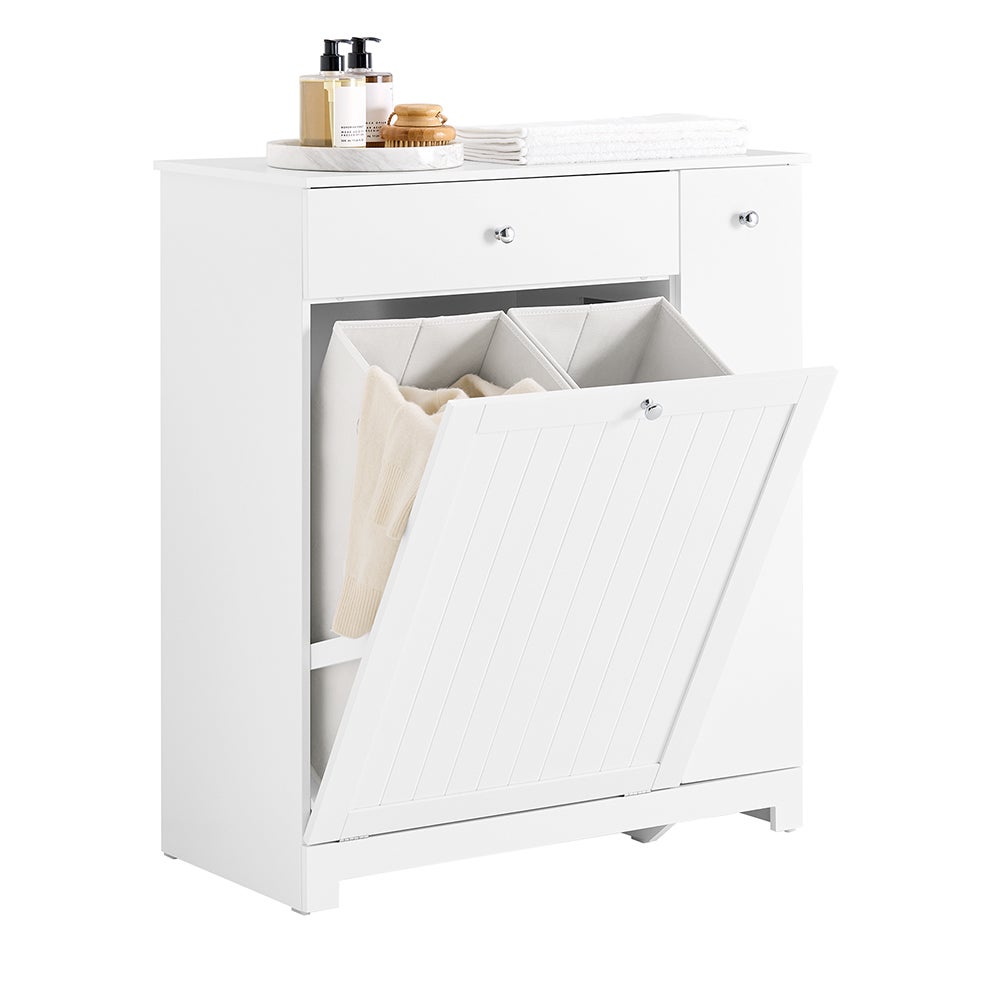 SoBuy Szafa łazienkowa z koszem na bieliznę, Kolumna do przechowywania z 1 szufladą i przesuwnym przedziałem, 78x38x90cm, Biała, BZR214-W