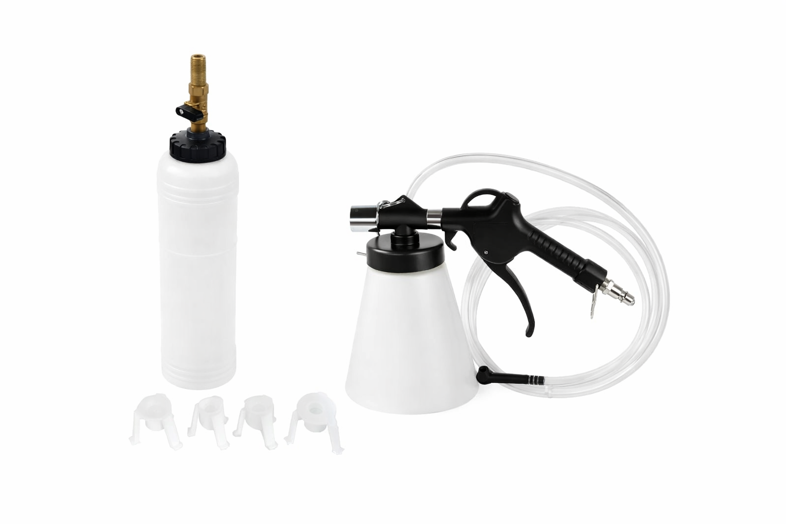 Set pistol pneumatic de aerisit si schimbat lichid, ulei de frana, extractor si reumplere lichid de frana, cu 4 adaptori