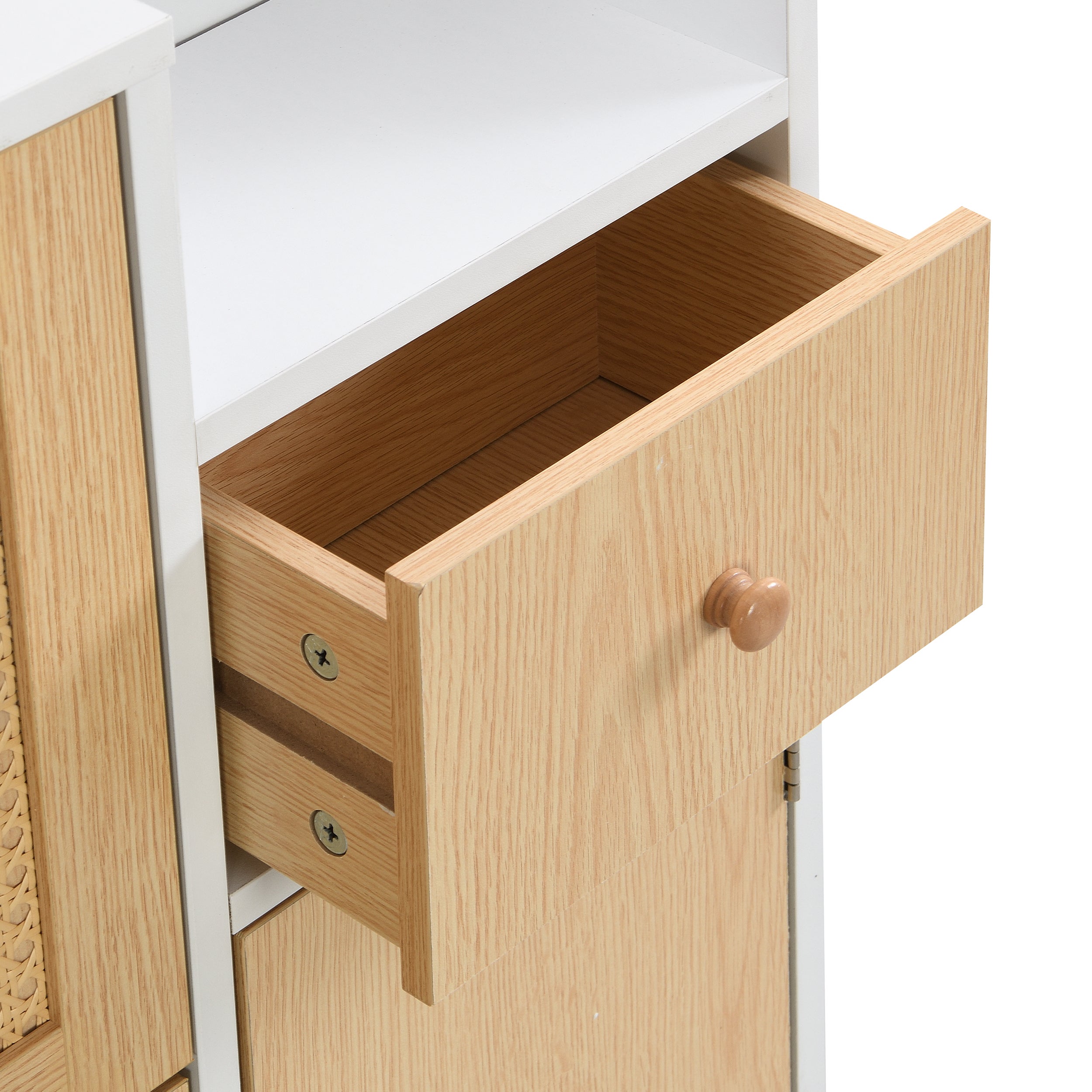 Scarpiera in legno e rattan - 3 ante a ribalta e 1 cassetto - ripiano regolabile - Naturale e Bianco - 5