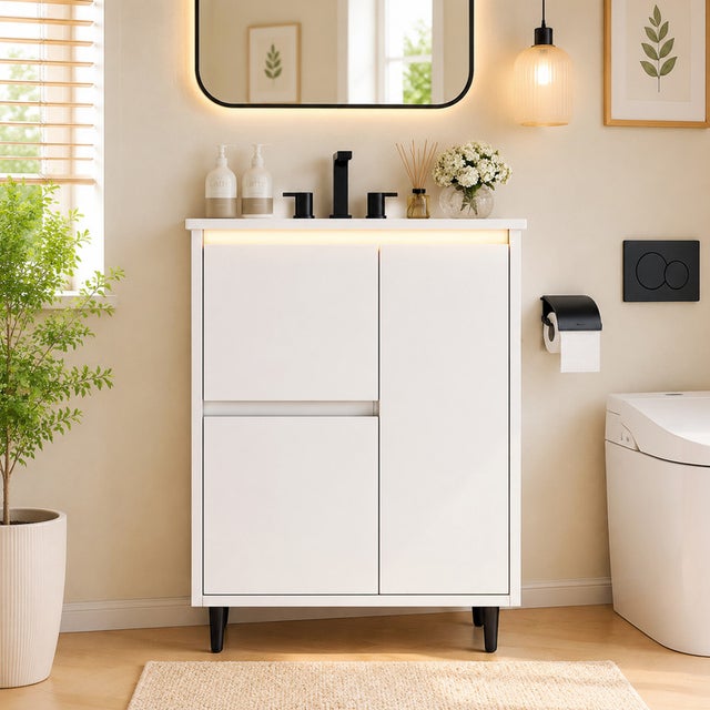 Meuble de salle de bain sur pied 61*46,5*87cm, meuble de salle de bain avec vasque en céramique intégrée, deux tiroirs, design à pieds hauts, blanc