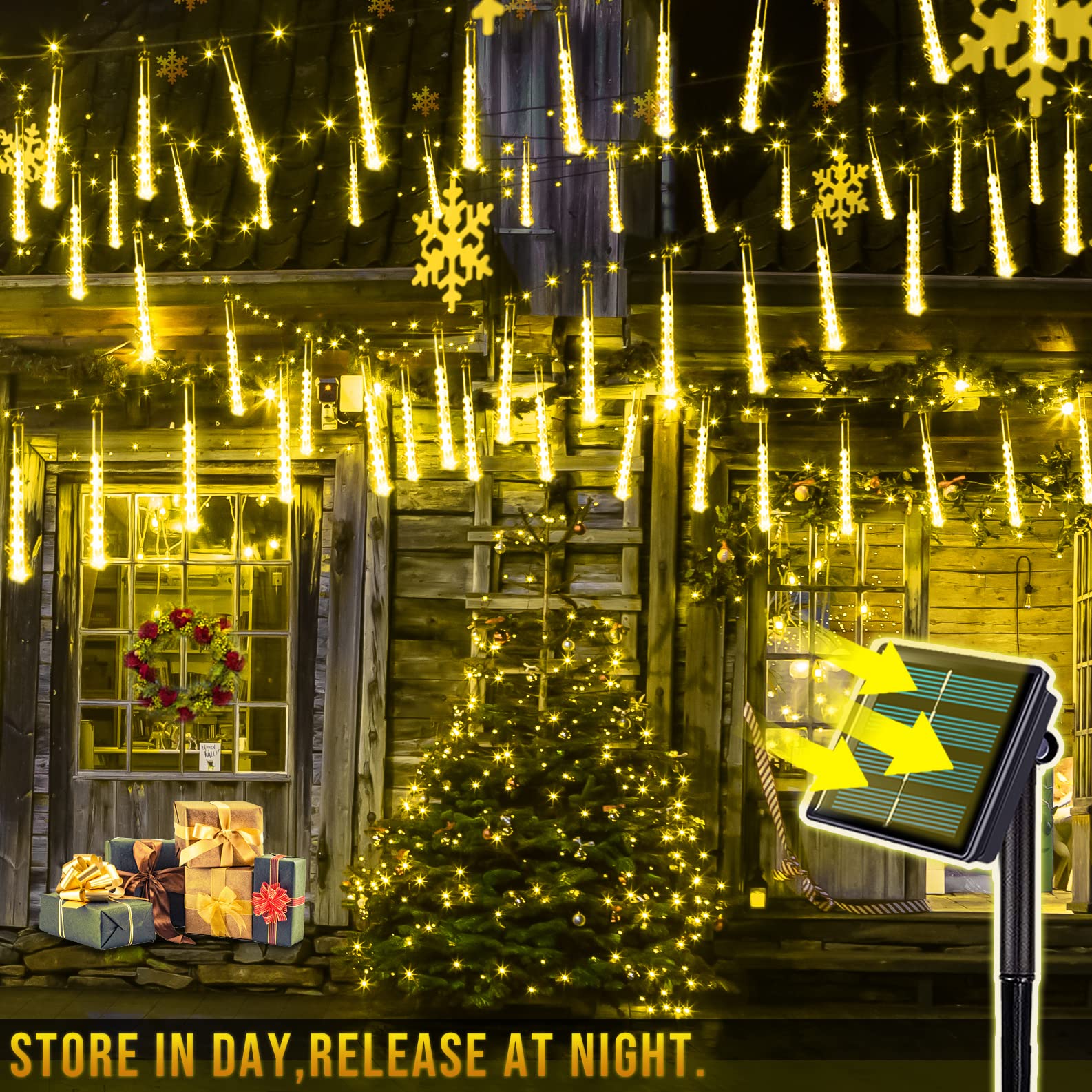 Luci di Natale per esterni, luci a pioggia di meteoriti a 288 LED, decorazioni natalizie, luci natalizie fatate, bianco caldo (8 tubi - 50 cm) - 3