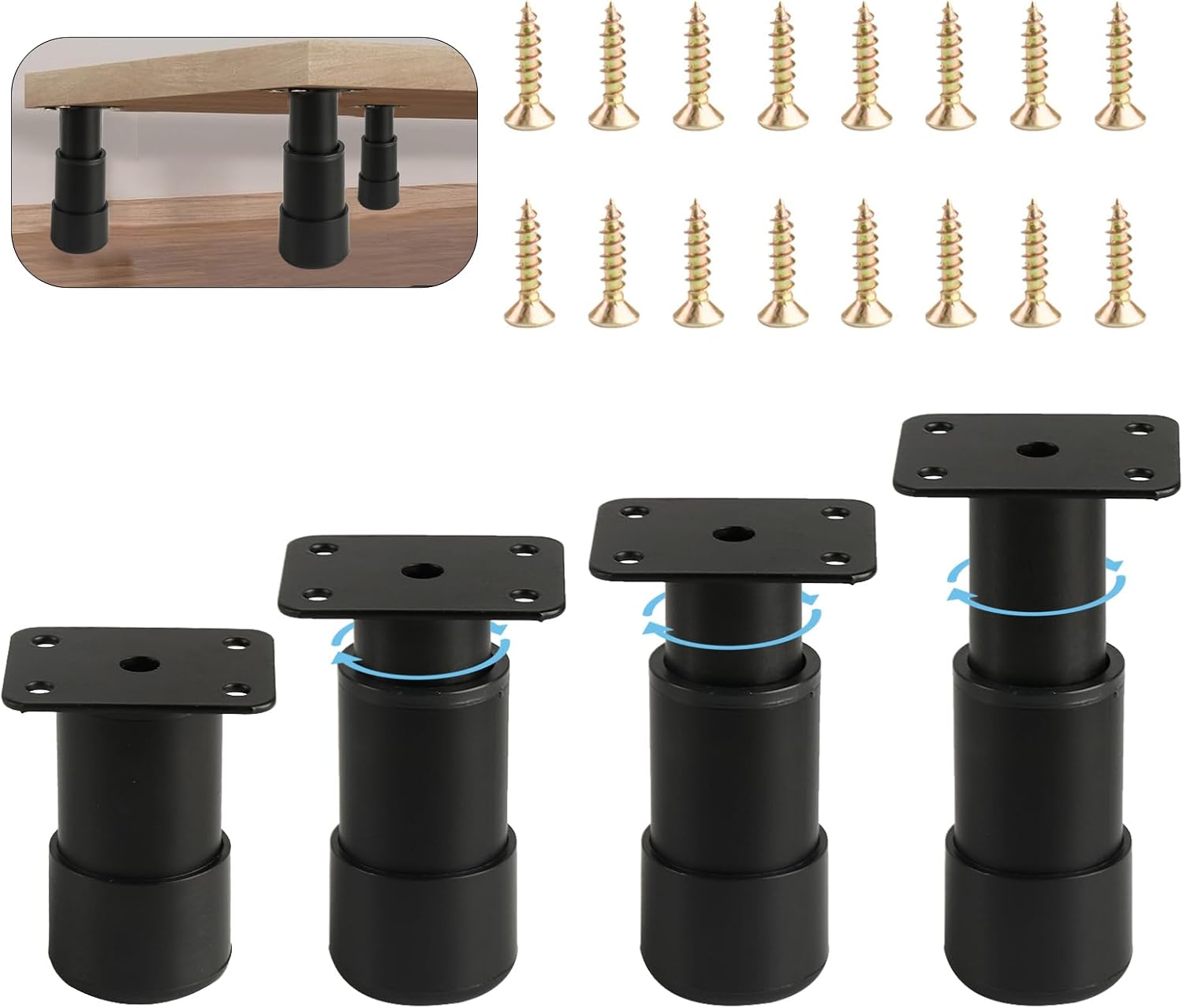 Picioare reglabile pentru mobilă, set de 4, înălțime 80-120 mm, metal negru. Pentru mese, canapele, paturi și dulapuri. Nivelare stabilă. 4buc