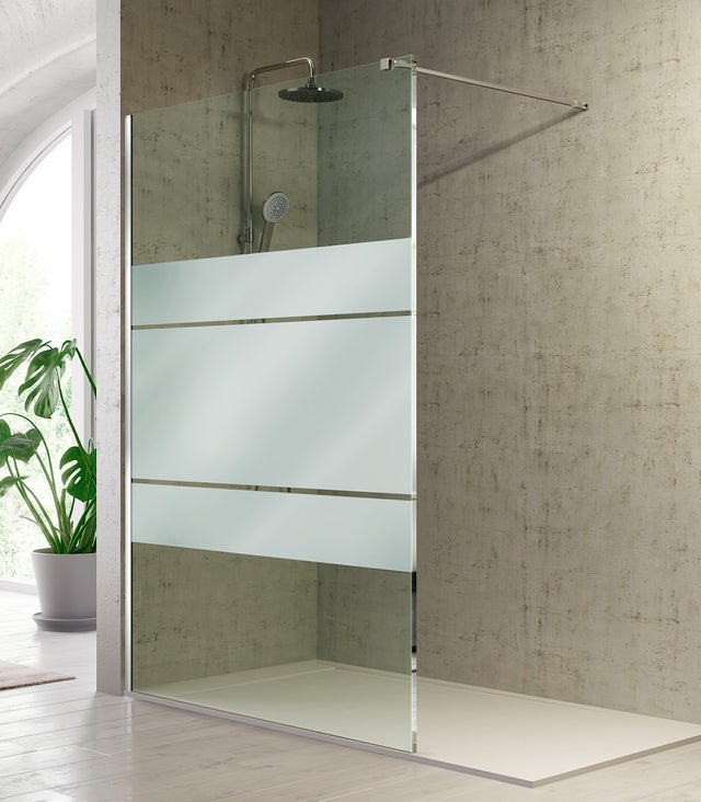 Panel fijo de ducha FRESH Plata Brillo - 88.5-90 cm - Cristal decorado - Reversible - Trat. antical - Brazo soporte incluido