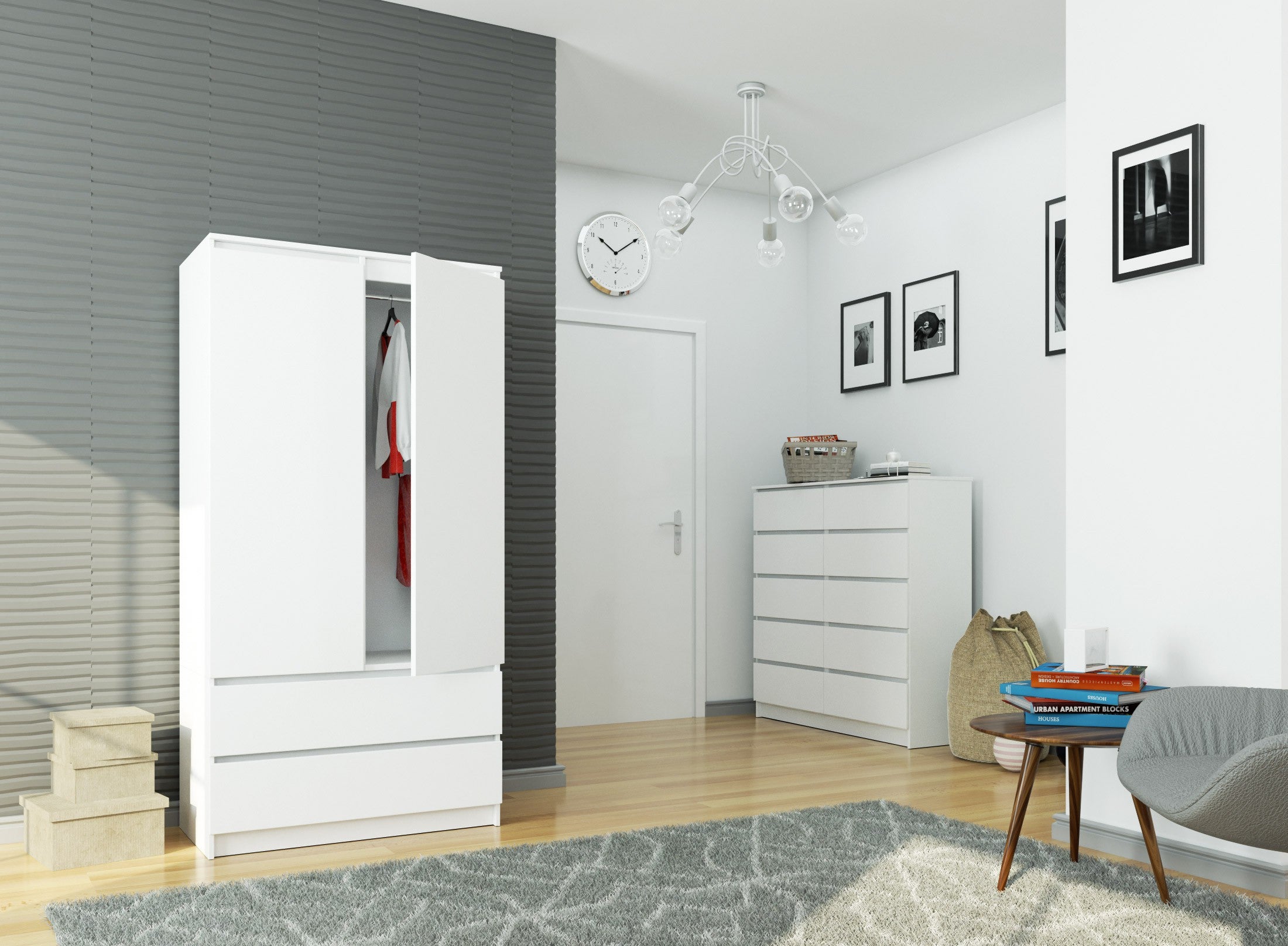 Armoire AKORD S90 Blanche 90 cm 2 portes 2 tiroirs façade Blanche 4 étagères 90x51x180 cm - 6